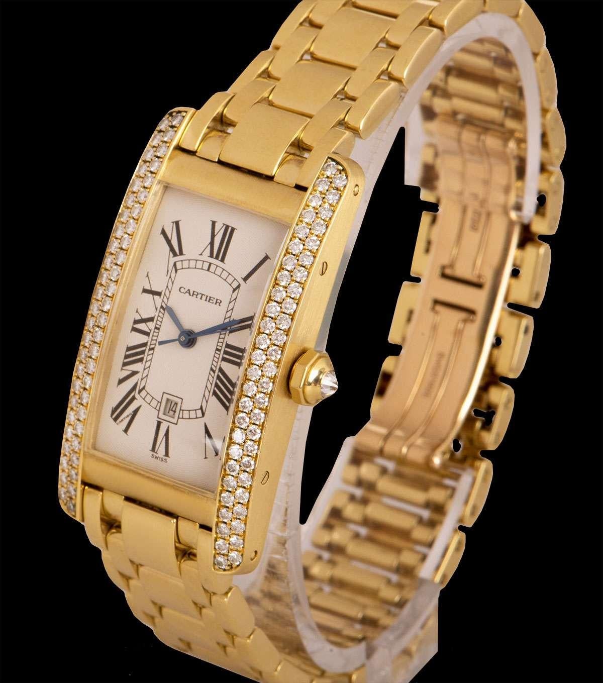 An 18k Yellow Gold Tank Americaine Mid-Size Wristwatch, silver guilloche dial with roman numerals and a secret signature at 