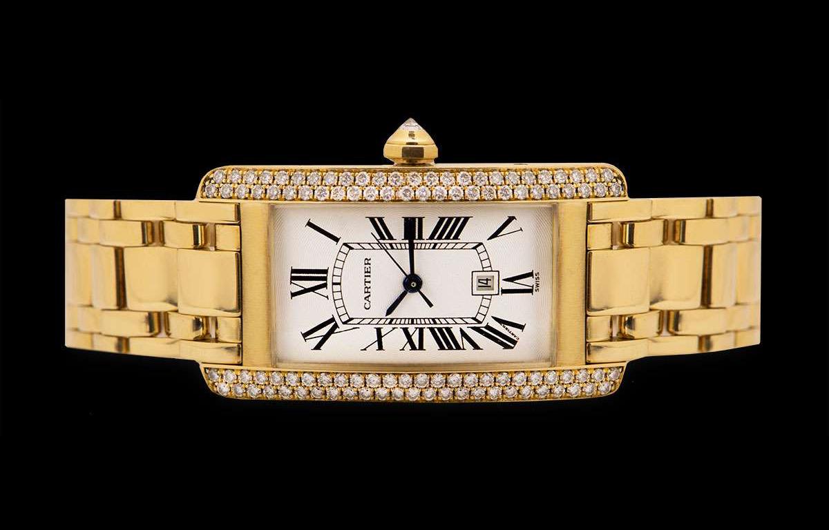 Cartier Tank Americaine 18 Karat Yellow Gold Silver Guilloche Dial Diamond Set In Excellent Condition In London, GB