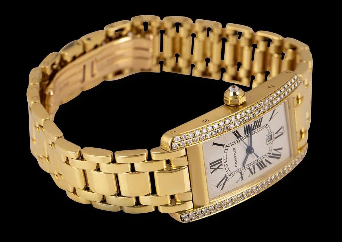 Women's or Men's Cartier Tank Americaine 18 Karat Yellow Gold Silver Guilloche Dial Diamond Set