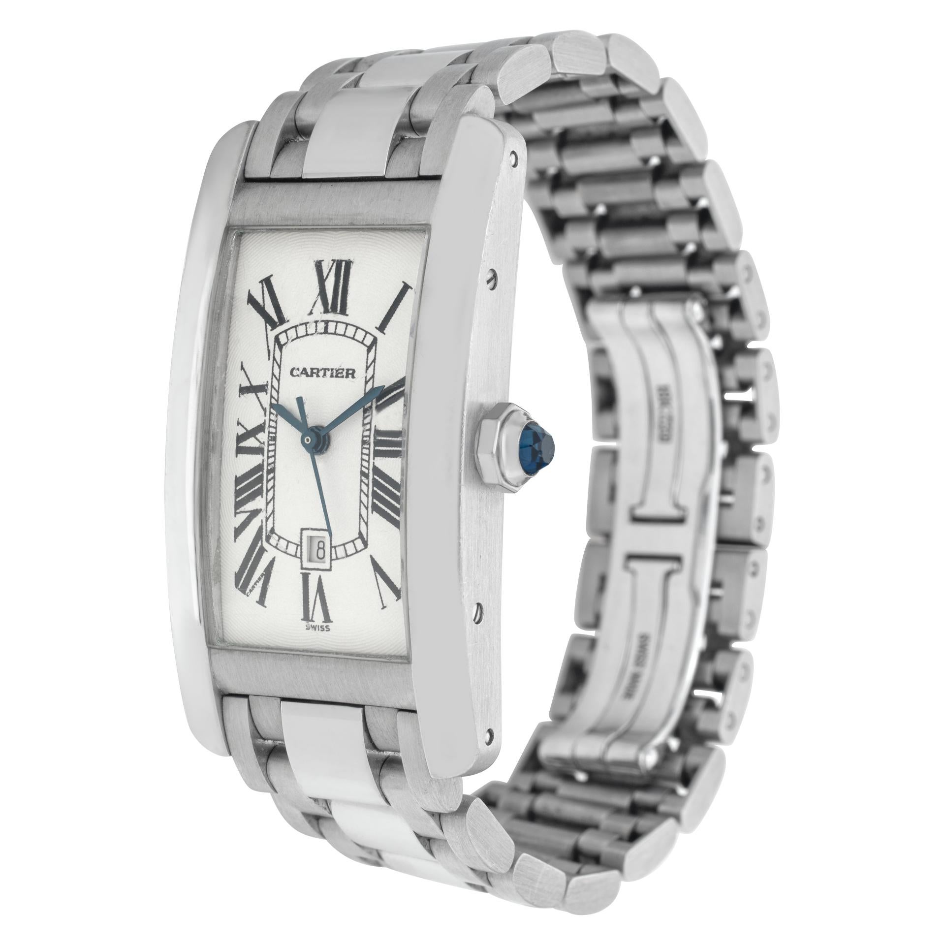 Cartier Tank Americaine in 18k white gold. Auto w/ sweep seconds and date. 41.5 mm length (lug to lug) x 23 mm width case size. Ref W26036L1. Circa 2000s. Fine Pre-owned Cartier Watch. Certified preowned Dress Cartier Tank Americaine W26036L1 watch