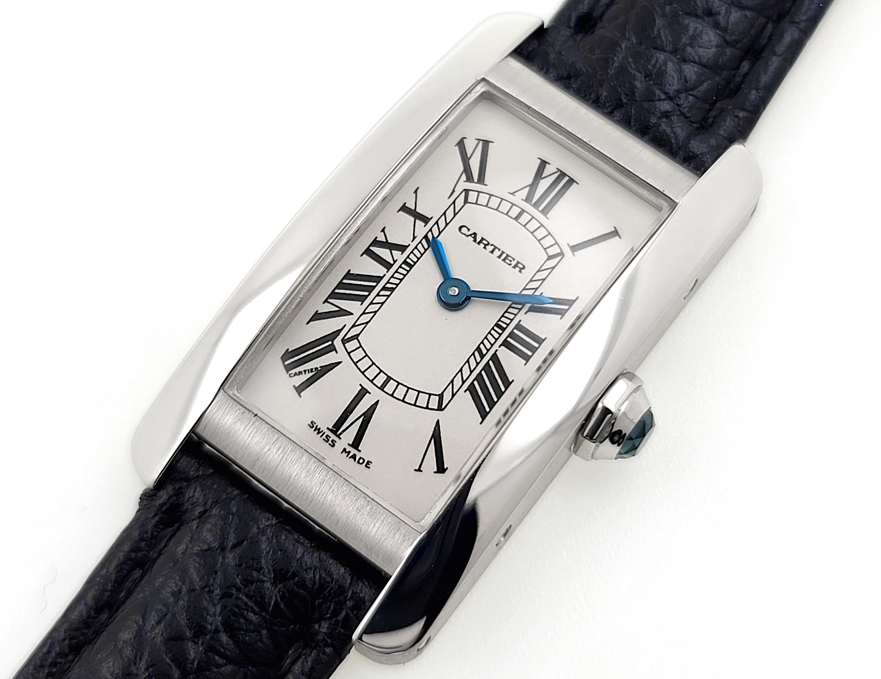 Cabochon Cartier Tank Americaine 2489 18k White Gold + 18k White Gold Buckle For Sale