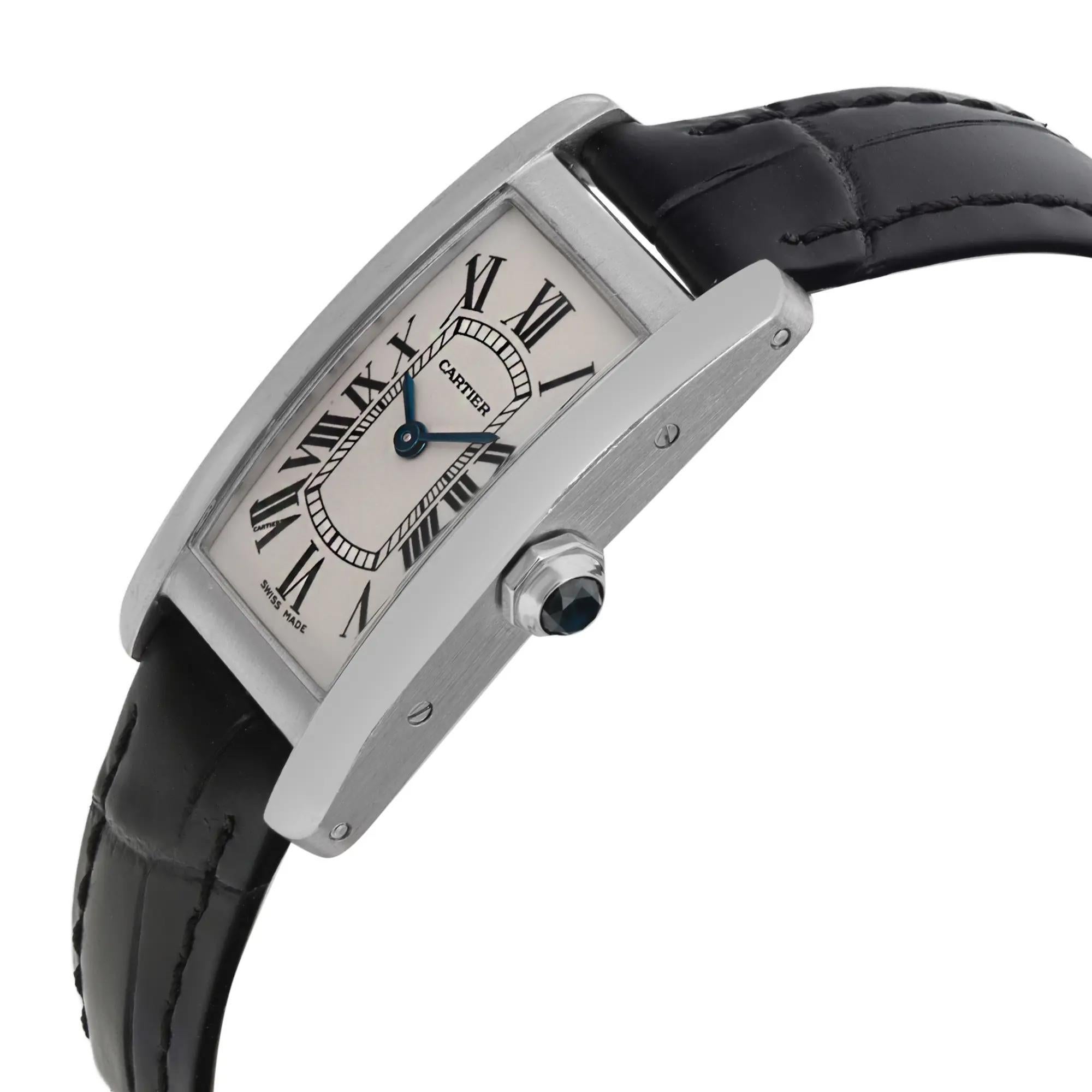 Cartier Tank Americaine 28 mm x 19 mm 18K White Gold Silver Dial Watch W2601956 In Excellent Condition For Sale In New York, NY