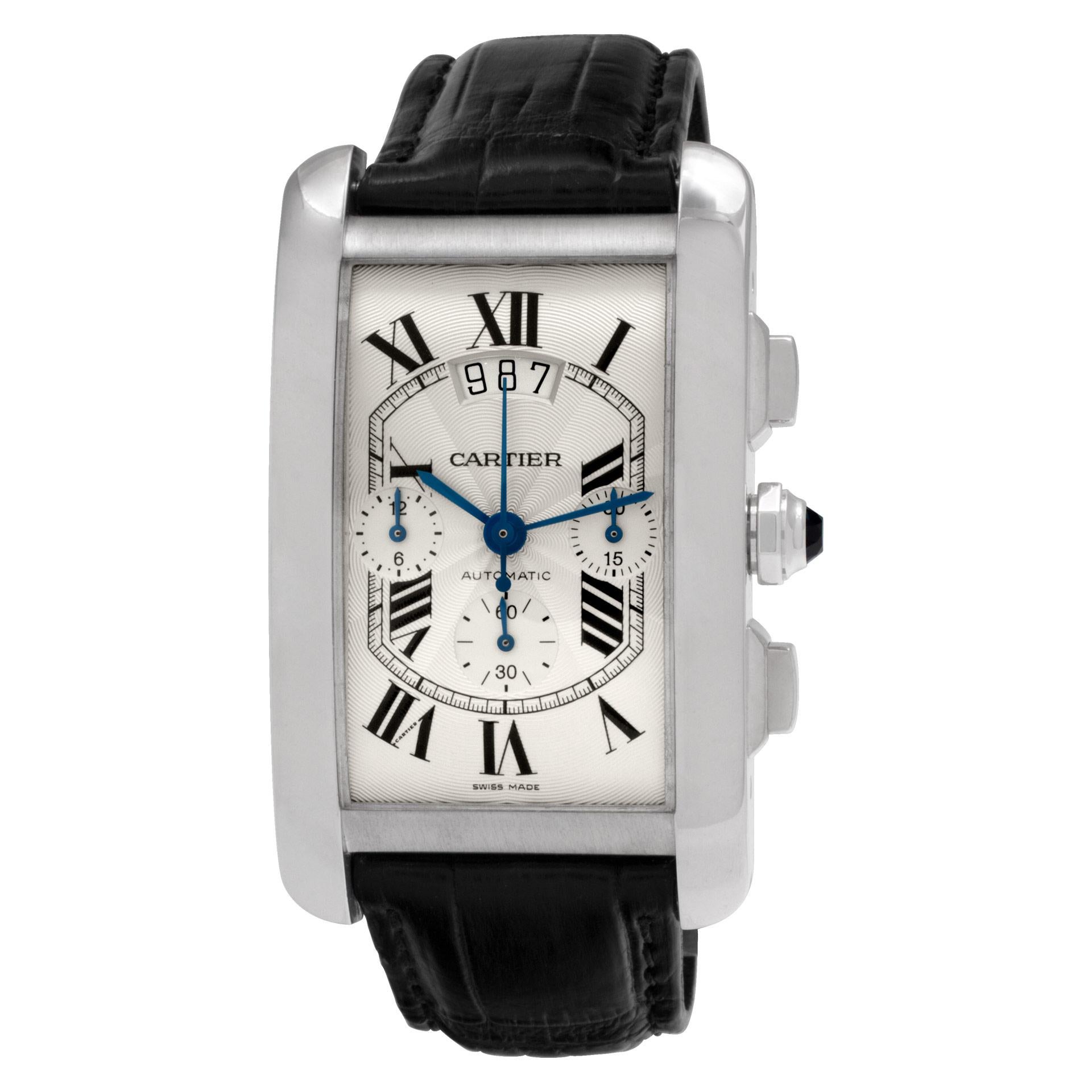 Cartier Tank Americaine XL Chrono in 18k white gold on a custom alligator strap with steel tang buckle. Auto movement under glass w/ subseconds, date and chronograph. 31 mm x 42 mm case size. Ref W2609456. Fine Pre-owned Cartier Watch.  Certified