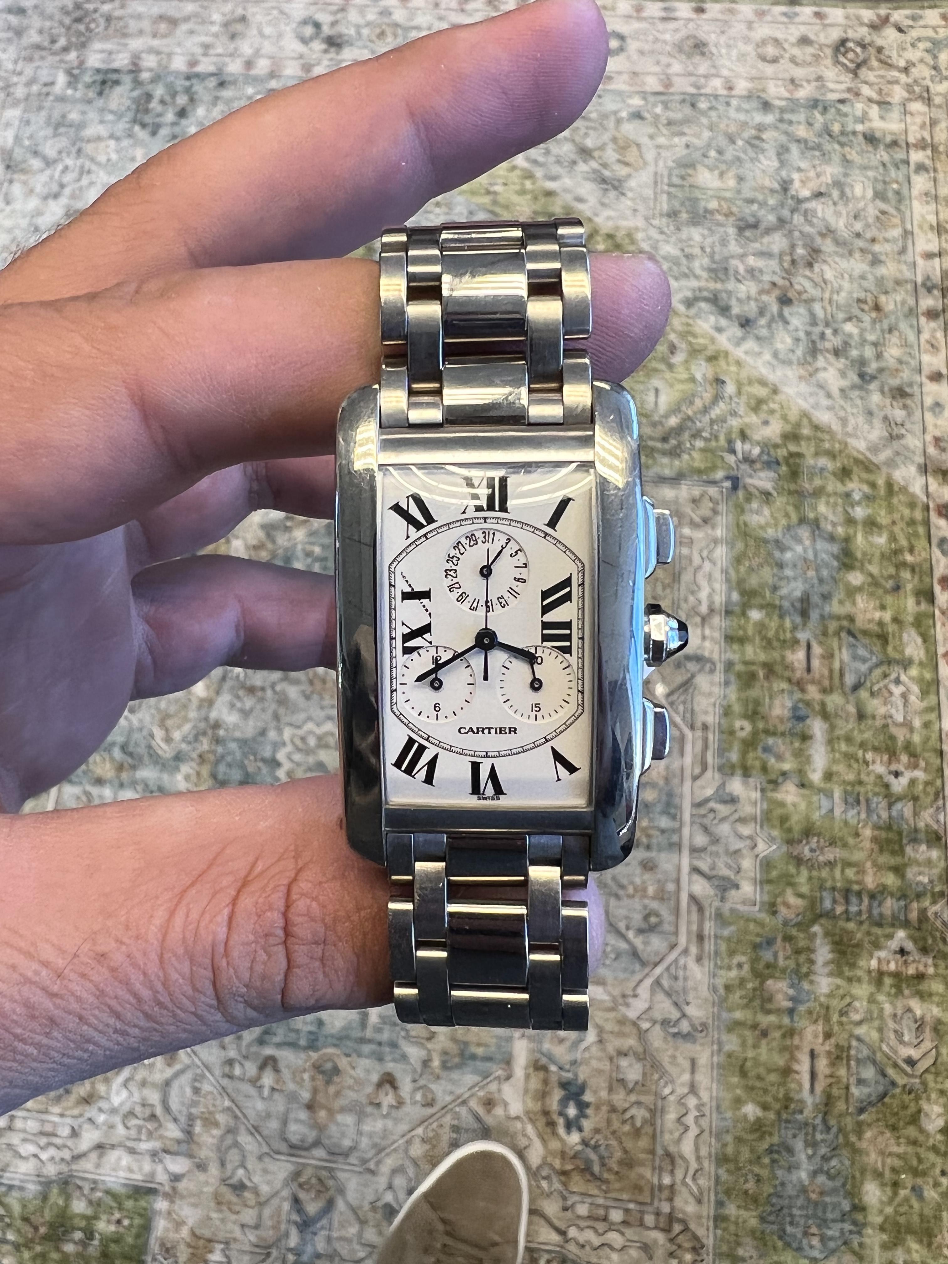 Can be accommodated with an appraisal upon request, after return period.

BRAND: Cartier
MODEL: Tank Americaine Chronograph
REFRENCE: 2312
SIZE: 16 x 45mm
CASE: 18k White Gold
DIAL: White
BAND: 18k White Gold
MOVEMENT: Quartz
WRIST SIZE: