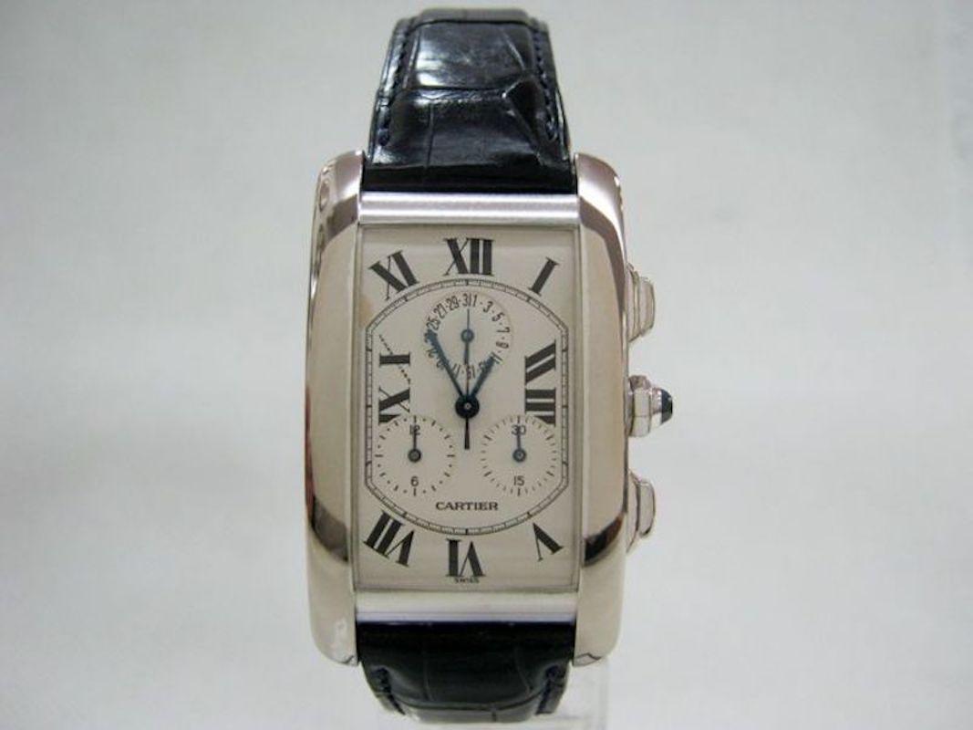 Cartier Tank Americaine in 18k white gold on alligator band with Cartier tang buckle. Quartz chronograph movement w/ date, chronograph and sub-seconds. Ref 2312. Circa 2000s Fine Pre-owned Cartier Watch.

Cartier Tank Americaine 2312 watch is made