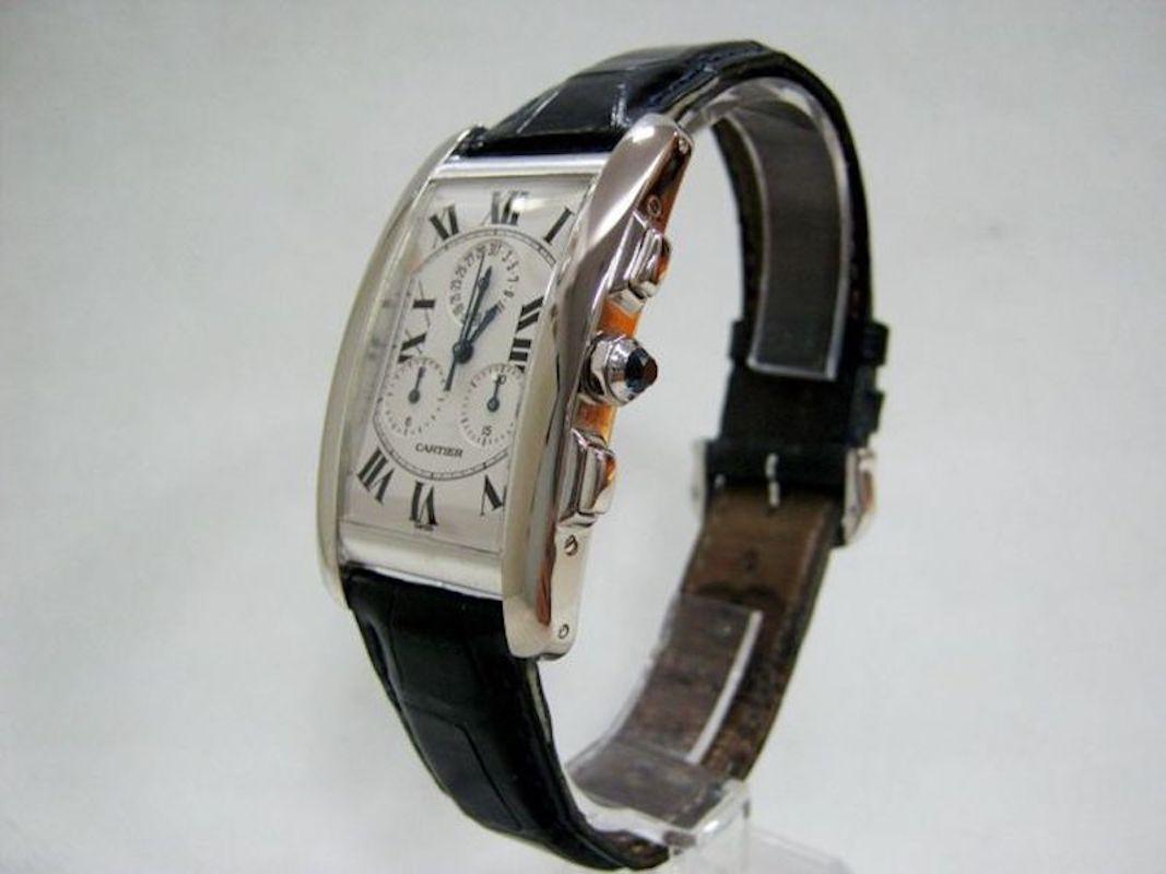 Modern Cartier Tank Americaine Chronoflex Chronograph in White Gold Wristwatch For Sale