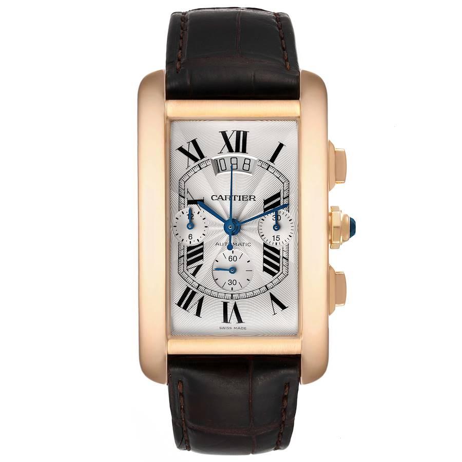 Cartier Tank Americaine Chronograph 18K Rose Gold Watch W2609356. Automatic self-winding movement. 18K rose gold case 52.0 x 32.40 mm. Circular grained crown set with faceted blue sapphire. Transparent exhibition saphire crystal case back. . Scratch