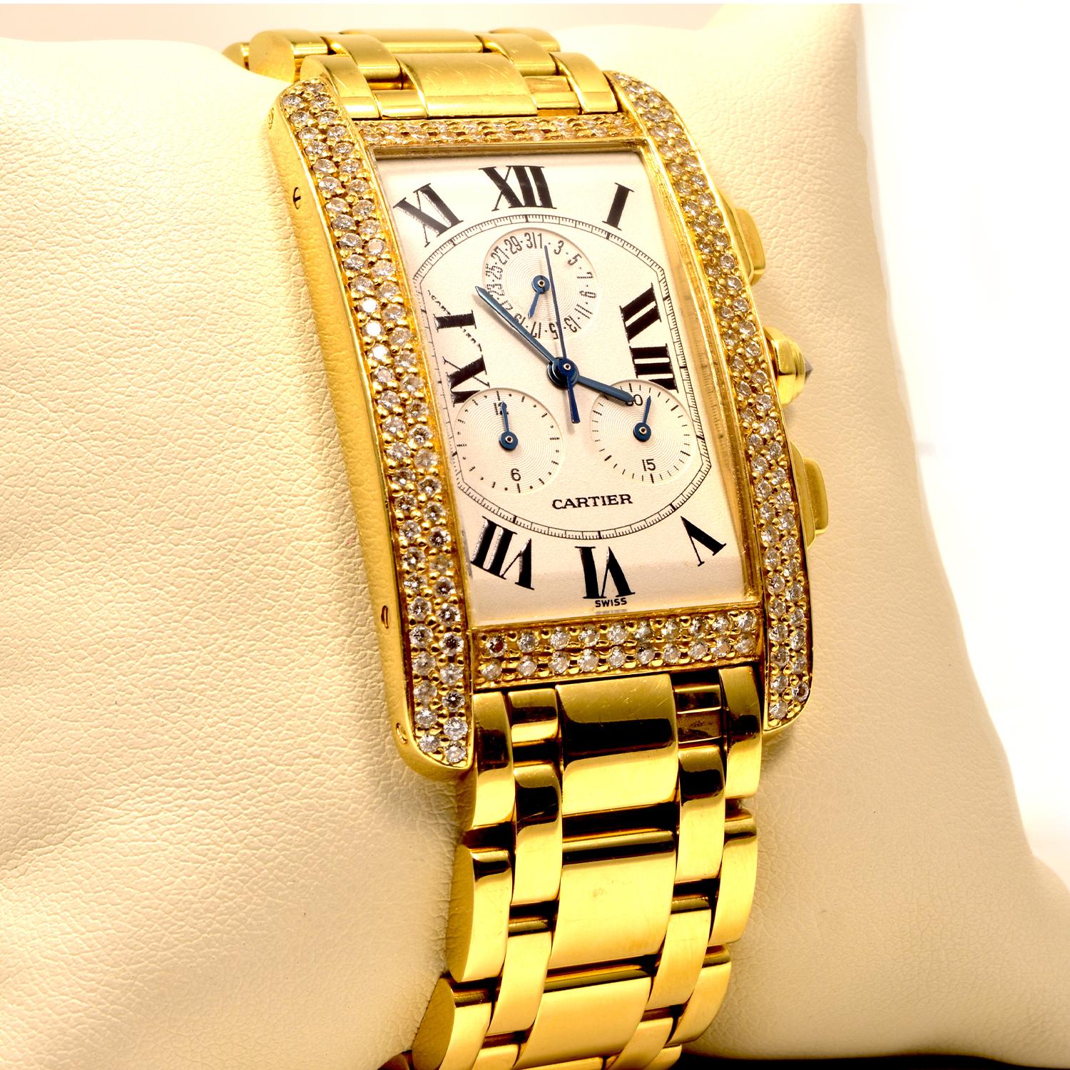 Brand: Cartier

Model: Tank Americaine

Reference: 1730

Movement: Quartz

Case Size: 26 x 45mm

Case Material: 18k Yellow Gold

Bracelet Material: 18k Yellow Gold 

Crystal: Scratch-Resistant Sapphire Glass

Dial:  White with Black Roman Numerals