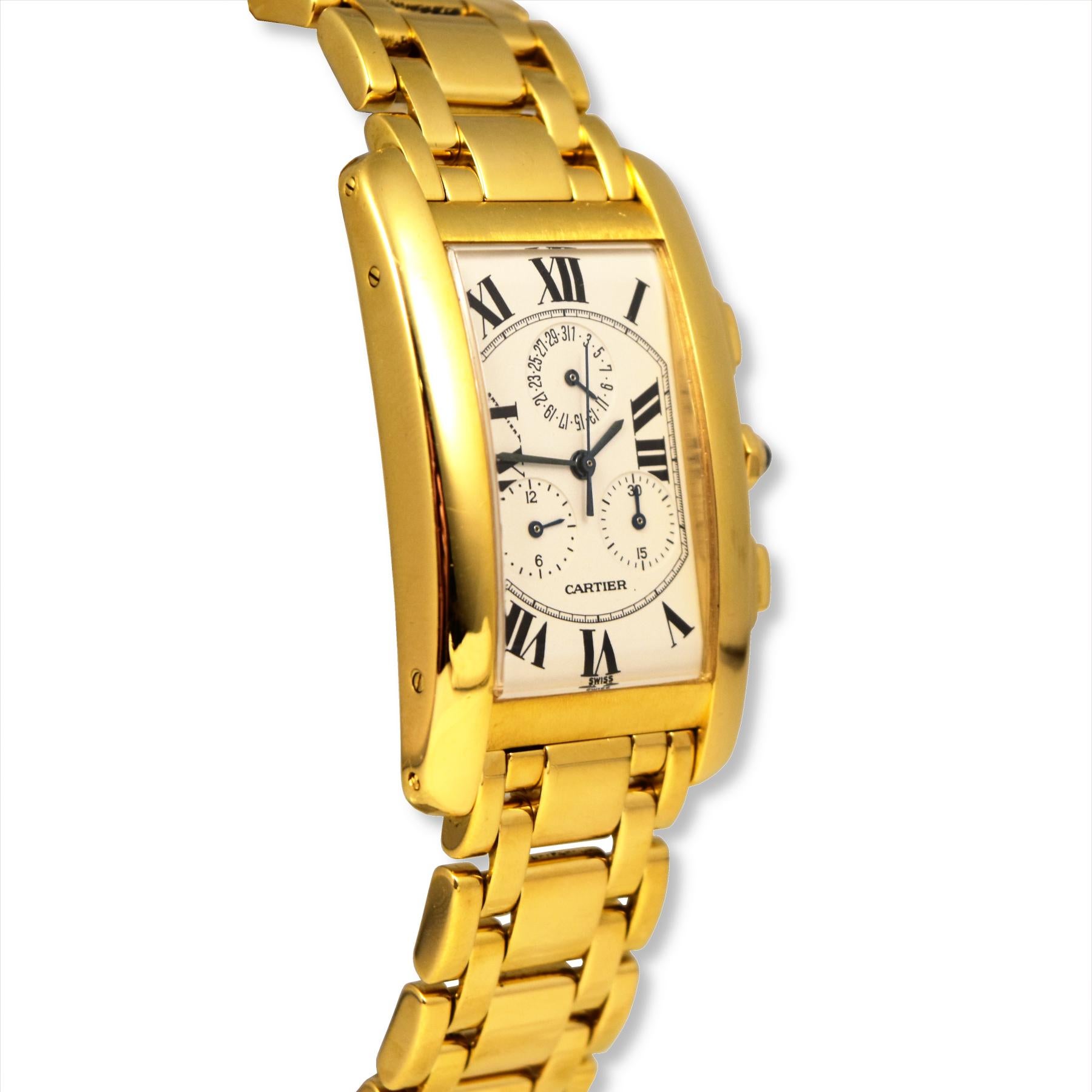 Brand: Cartier 
Model Name: Tank Americaine
Model Number:  1730
Movement: Automatic
Case Size: 26 mm
Case Back: Closed 
Case Material: Yellow Gold
Bezel: Yellow Gold
Dial: White
Bracelet:  Yellow Gold
Hour Markers: Roman Numeral
Features: Hours,