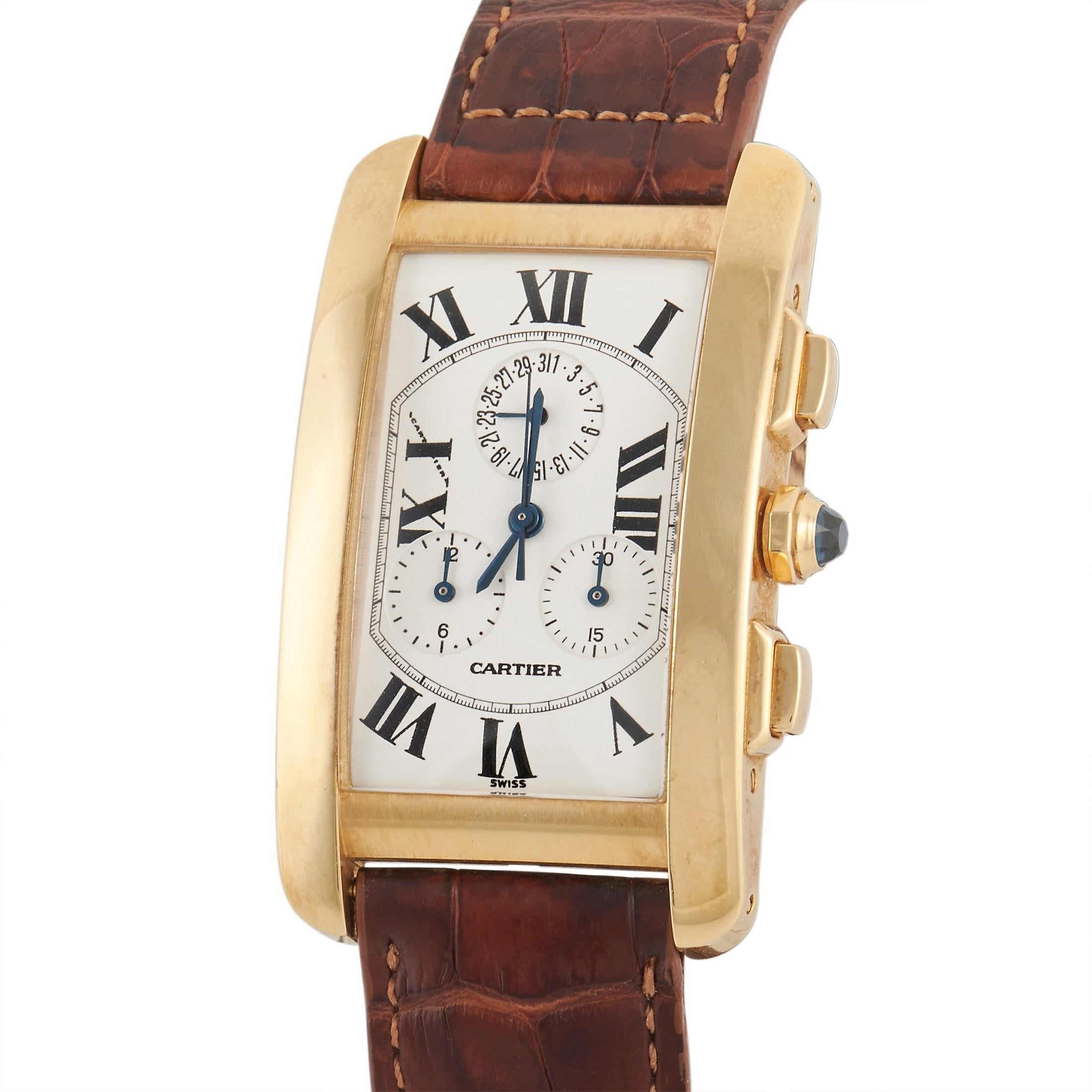 The Cartier Tank Americaine Chronograph Watch, reference number 1730, has a slim profile that is inherently sophisticated.

This timepiece begins with a rounded rectangular case that measures 26mm x 36mm and is crafted from opulent 18K Yellow Gold.