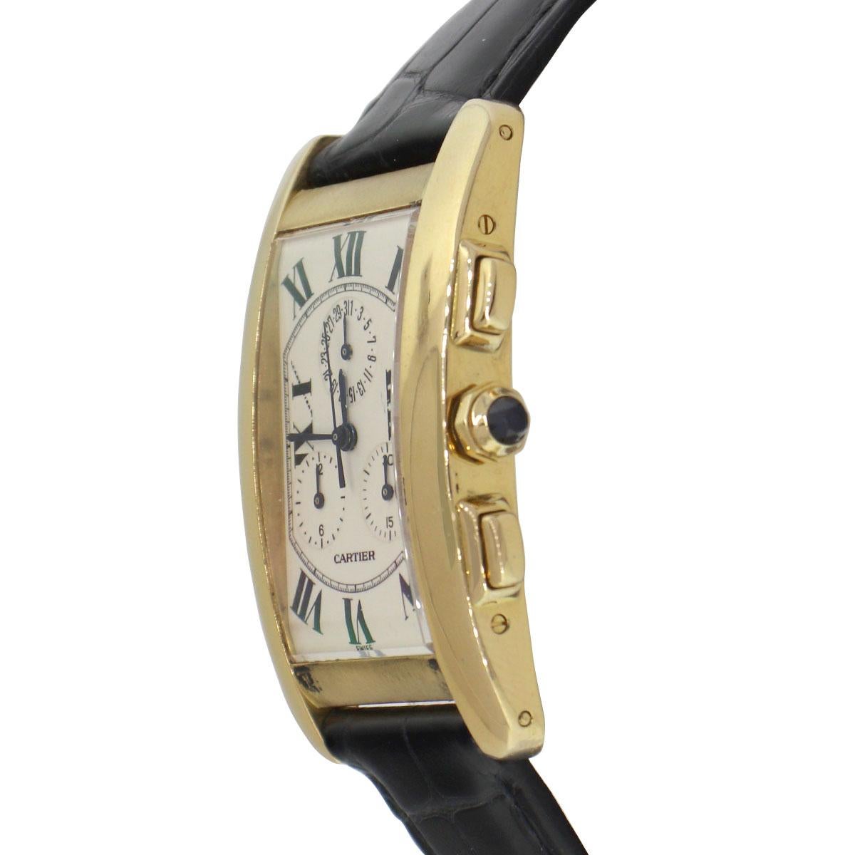 Brand: Cartier
Model: Tank Americaine
Case Material: 18k Yellow Gold
Case Diameter: 41mm
Crystal: Sapphire
Bezel: Smooth, Fixed 18k Yellow Gold Bezel
Dial: White Dial, Roman numeral markers; with blue hands
Bracelet: Black leather two piece