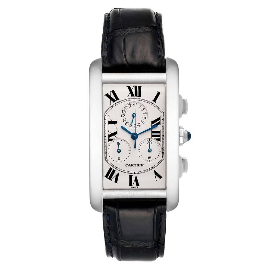 Cartier Tank Americaine Chronograph White Gold Mens Watch W2603356. Quartz movement. Rectangular 18K white gold 36.0 x 27.0 mm case. Octagonal crown set with a blue faceted sapphire. . Scratch resistant sapphire crystal. Silvered grained dial with