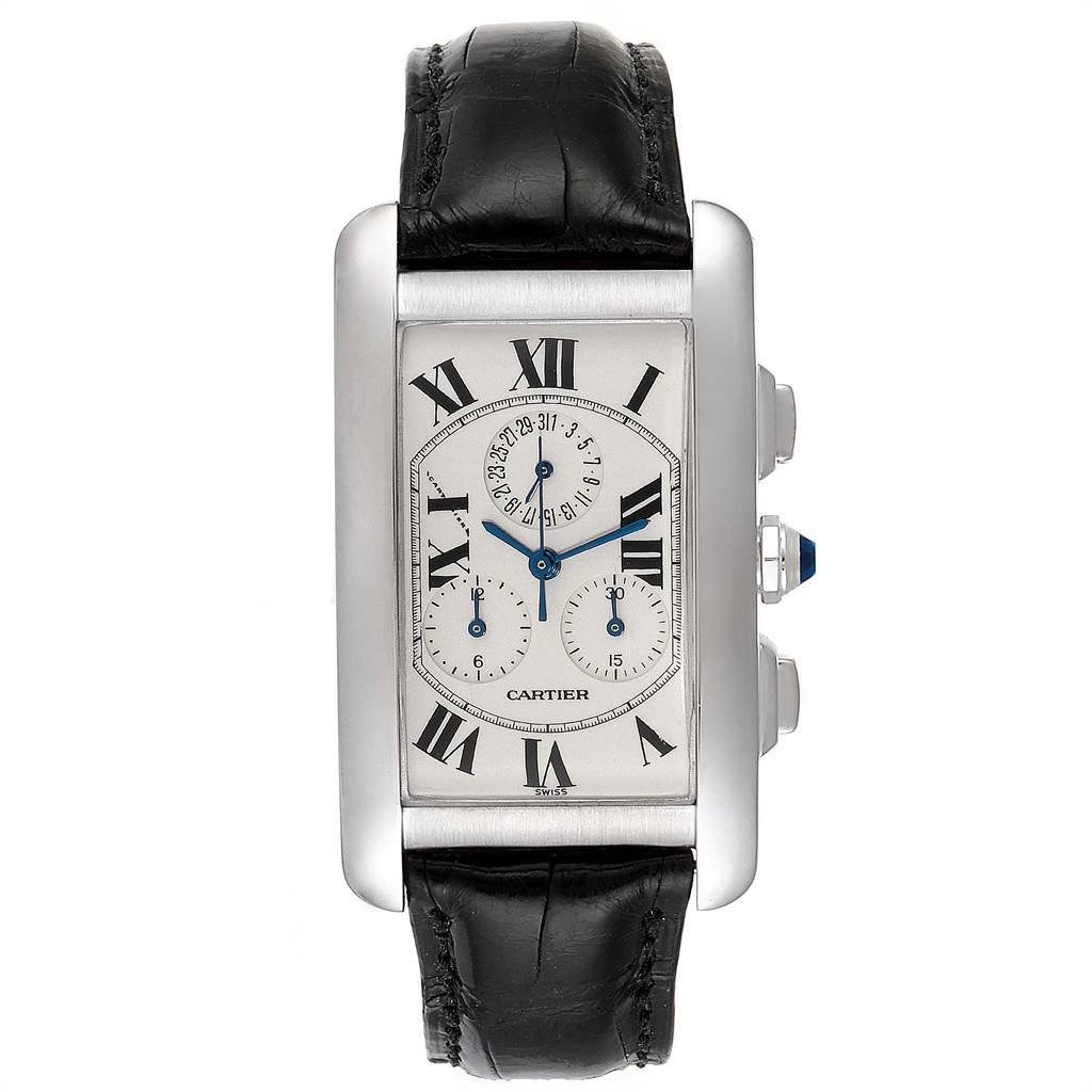 Cartier Tank Americaine Chronograph White Gold Mens Watch W2603358. Quartz movement. 18K white gold case 26.6 x 45.1 mm. Circular grained crown set with faceted blue spinel cabochon. 18K white gold bezel. Scratch resistant sapphire crystal. Silvered