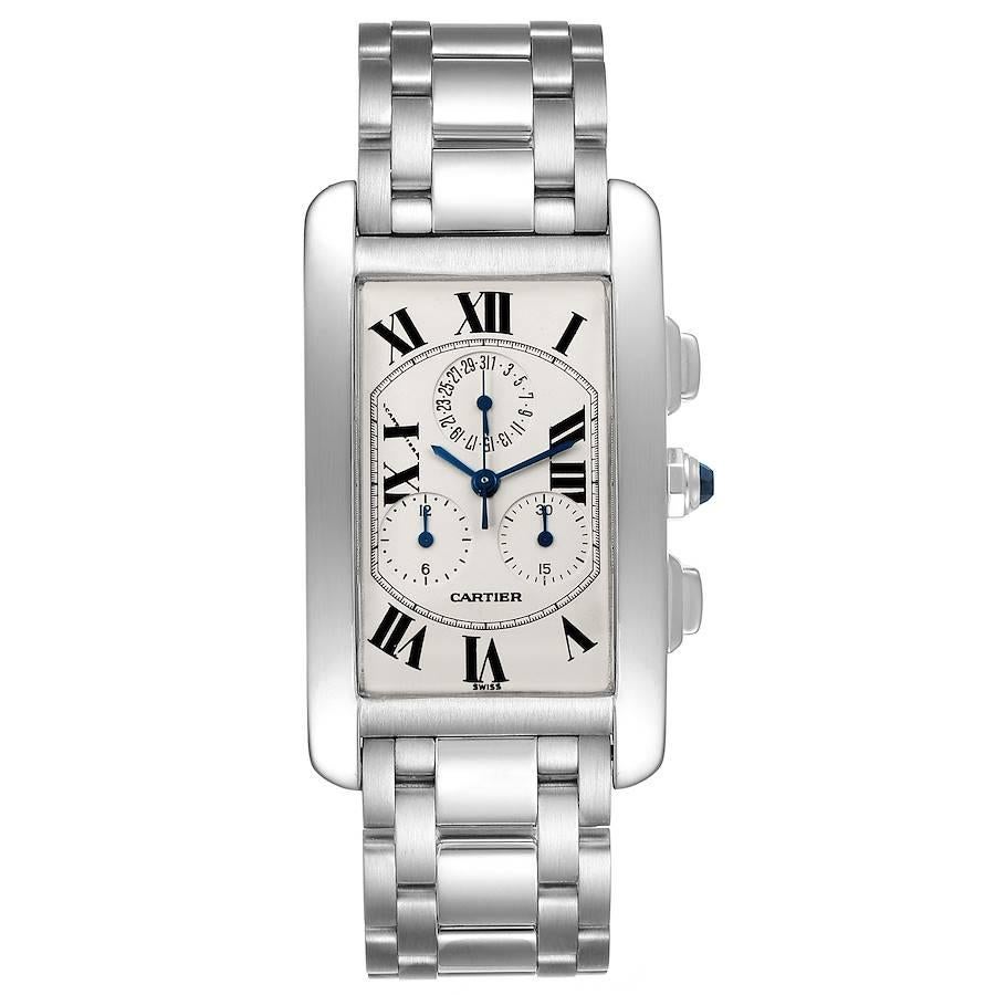 Cartier Tank Americaine Chronograph White Gold Mens Watch W26033L1. Quartz movement. Rectangular 18K yellow gold 36.0 x 27.0 mm case. Octagonal crown set with a blue faceted sapphire. . Scratch resistant sapphire crystal. Silvered grained dial with