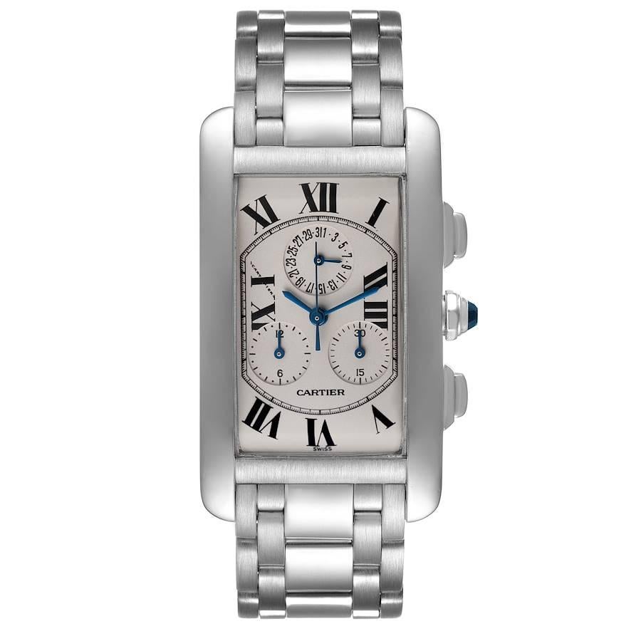 Cartier Tank Americaine Chronograph White Gold Mens Watch W26033L1. Quartz movement. Rectangular 18K yellow gold 36.0 x 27.0 mm case. Octagonal crown set with a blue faceted sapphire. . Scratch resistant sapphire crystal. Silvered grained dial with