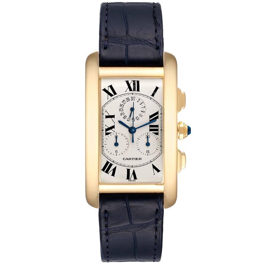 Cartier Tank Americaine Chronograph Yellow Gold Mens Watch W2601156. Quartz movement. Rectangular 18K yellow gold 36.0 x 27.0 mm case. Octagonal crown set with a blue sapphire cabochon. . Scratch resistant sapphire crystal. Silvered grained dial