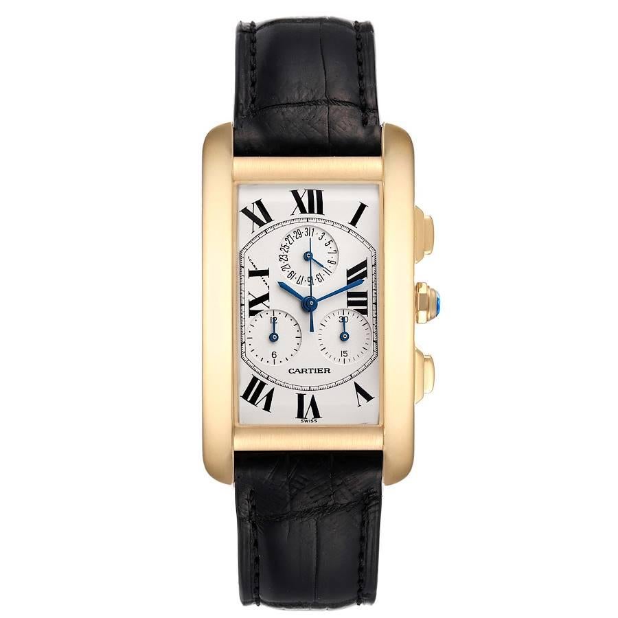 Cartier Tank Americaine Chronograph Yellow Gold Mens Watch W2601156. Quartz movement. Rectangular 18K yellow gold 36.0 x 27.0 mm case. Octagonal crown set with a blue sapphire cabochon. . Scratch resistant sapphire crystal. Silvered grained dial