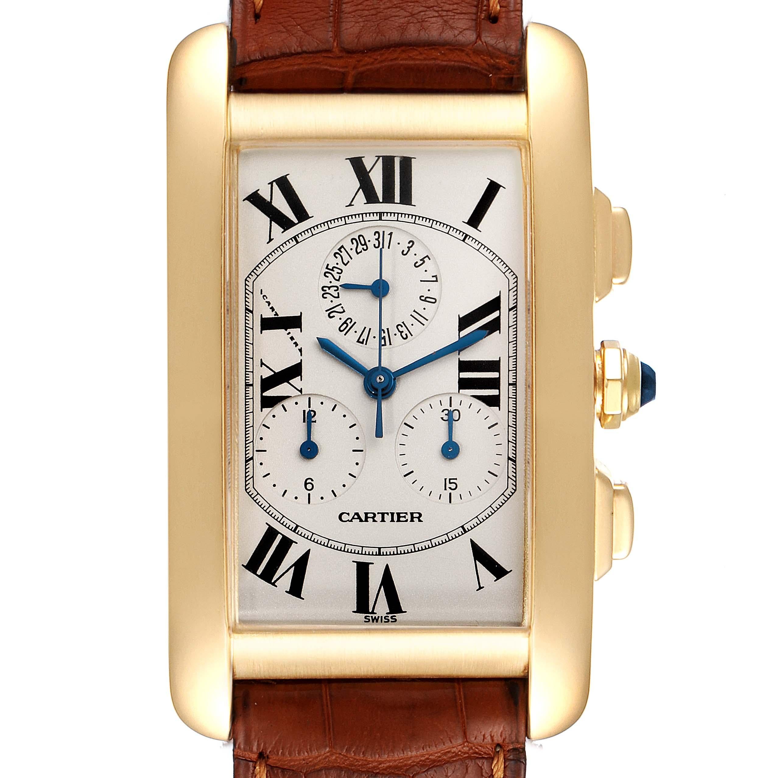 Cartier Tank Americaine Chronograph Yellow Gold Mens Watch W2601156. Quartz movement. Rectangular 18K yellow gold 36.0 x 27.0 mm case. Octagonal crown set with a blue sapphire cabochon. . Scratch resistant sapphire crystal. Silvered grained dial