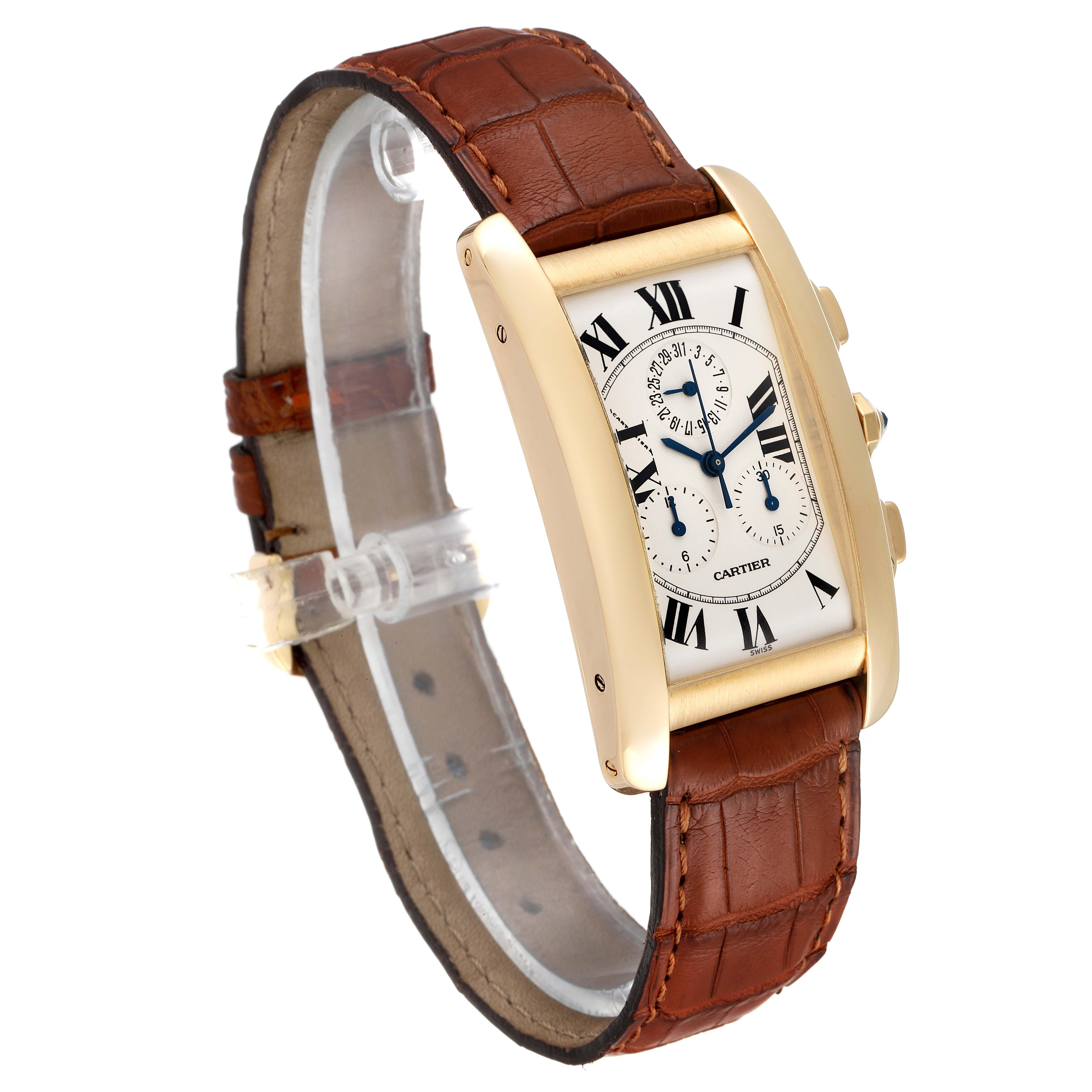 Cartier Tank Americaine Chronograph Yellow Gold Mens Watch W2601156 In Excellent Condition For Sale In Atlanta, GA