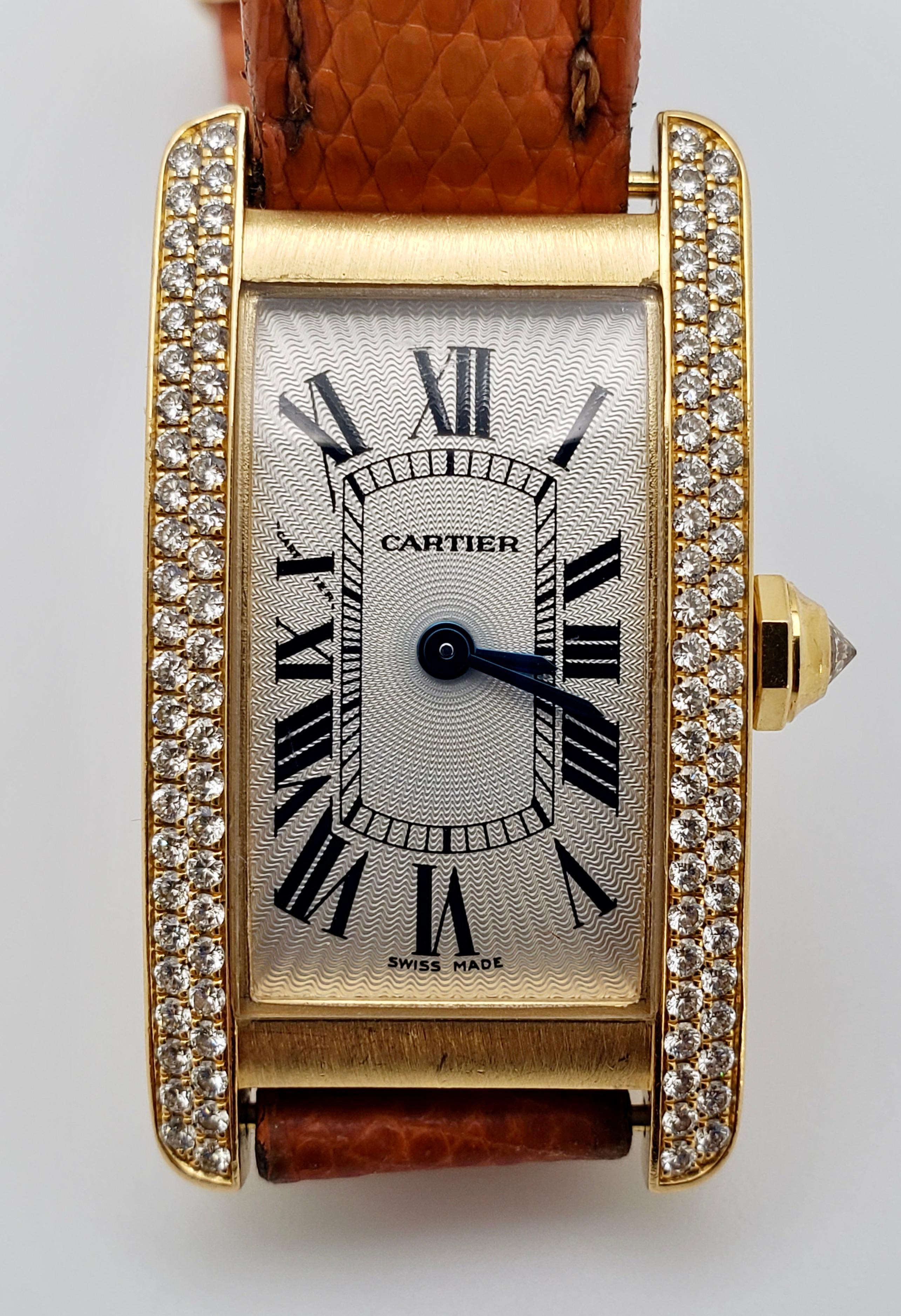 Round Cut Cartier Tank Americaine Diamond 18K Yellow Gold Watch For Sale
