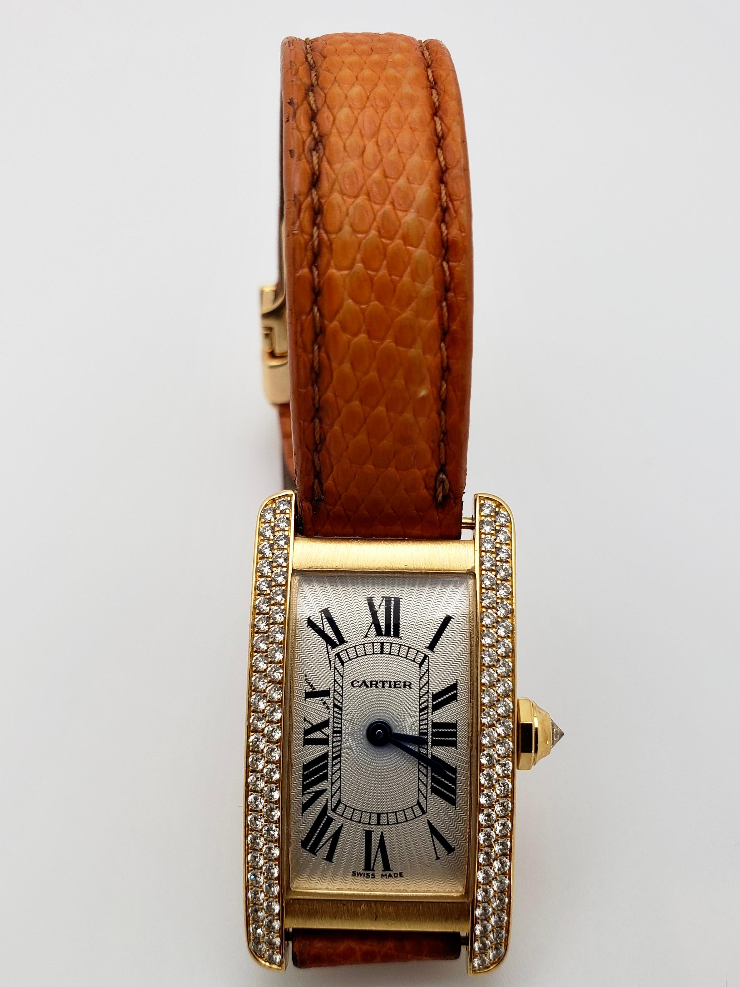 Cartier Tank Americaine Diamond 18K Yellow Gold Watch In Good Condition For Sale In Westport, CT