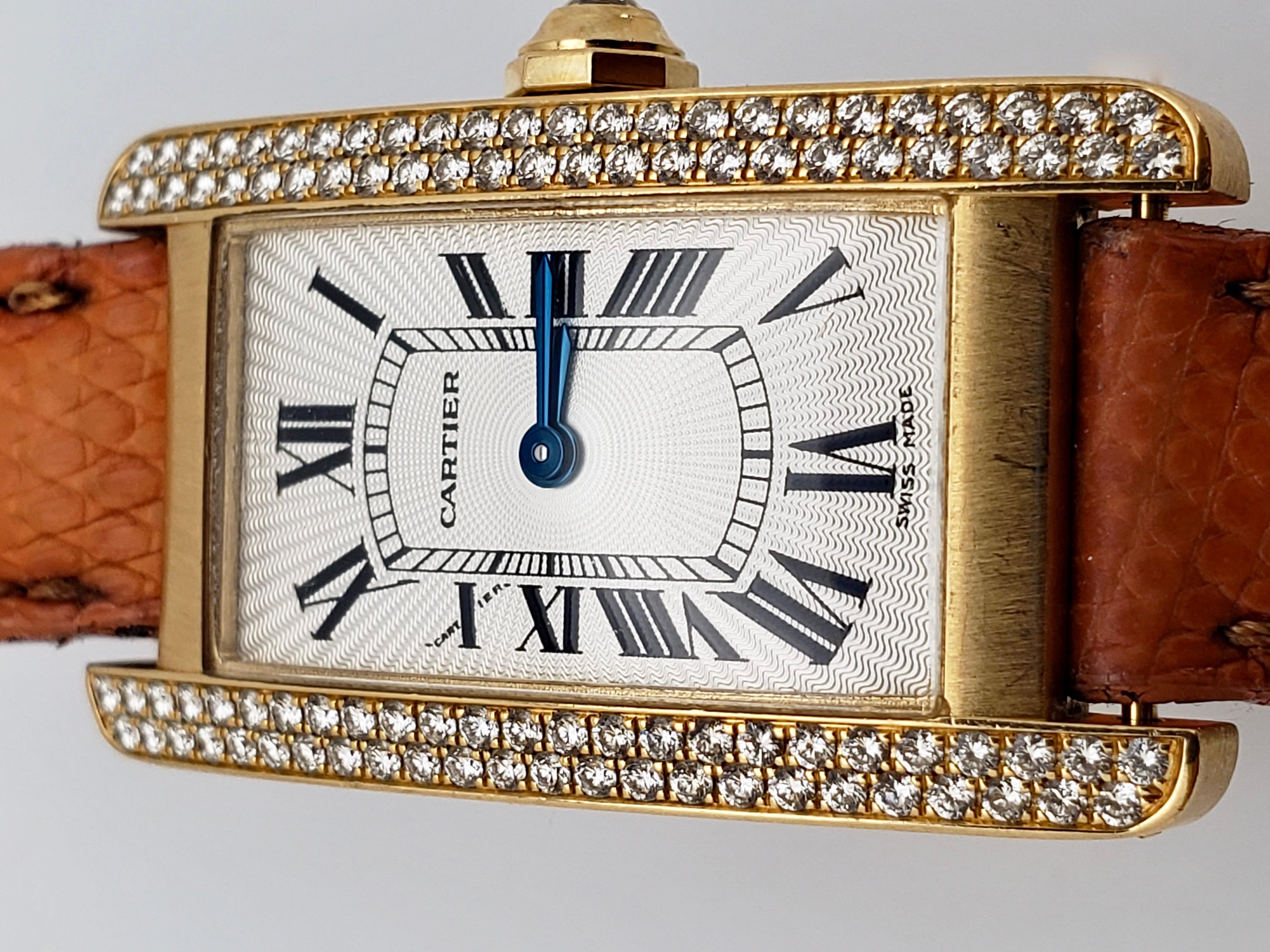 Women's Cartier Tank Americaine Diamond 18K Yellow Gold Watch For Sale