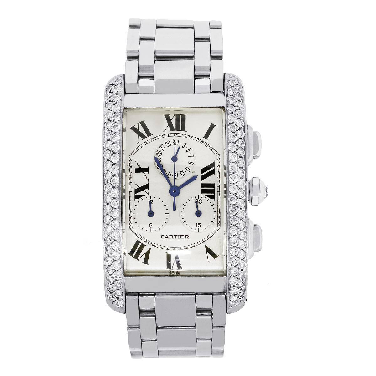 Brand: Cartier
Model: Tank Americaine
Case Material: 18k White Gold
Case Diameter: 19.0 x 35.0 mm
Crystal: Sapphire
Bezel: Fixed Bezel with Diamonds on the sides, approx. 1.80ctw of Round Diamonds
Dial: White Dial with Chronograph, Roman numeral