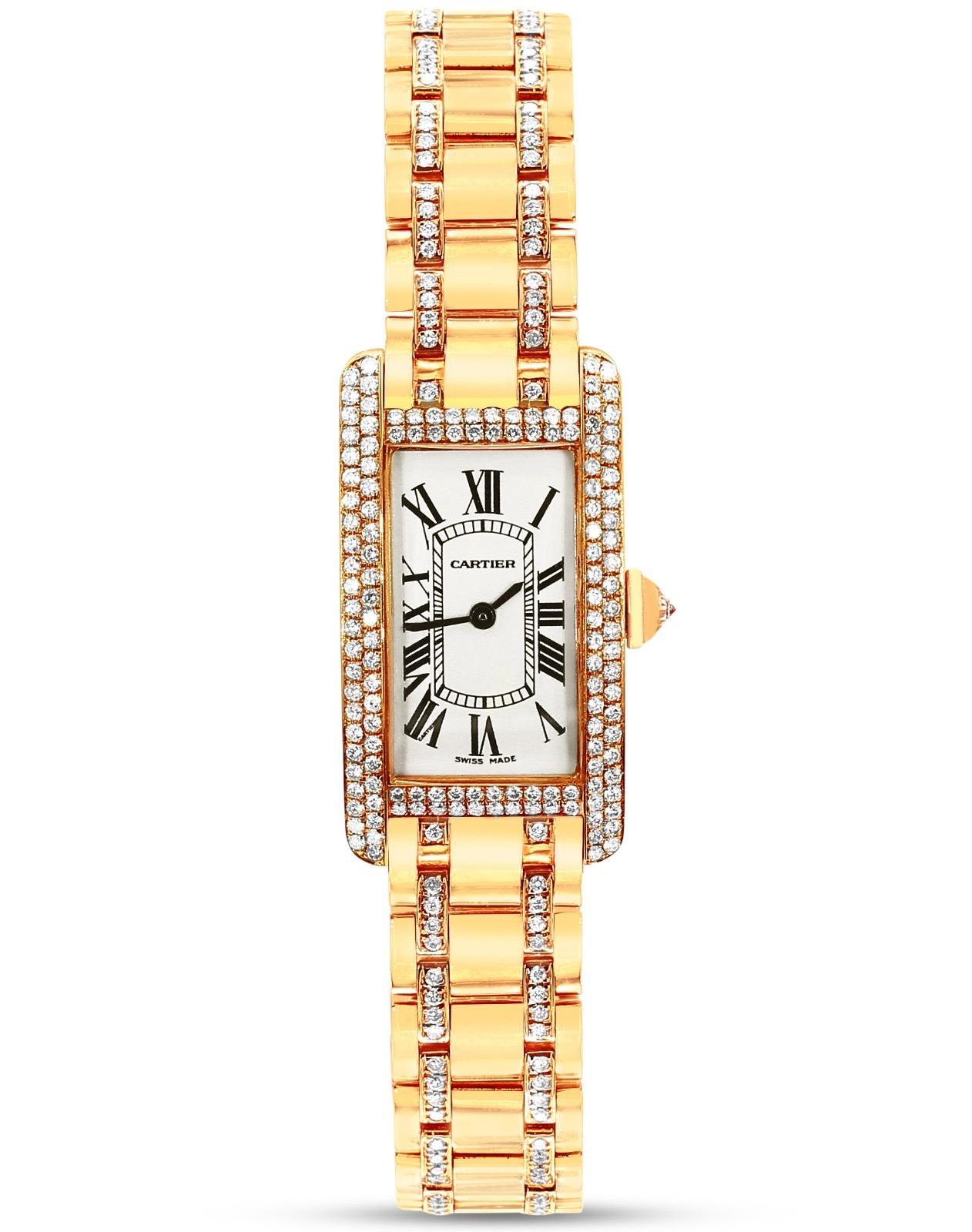 Montre Cartier Tank Américaine Quartz lunette diamants or 18K en vente 6