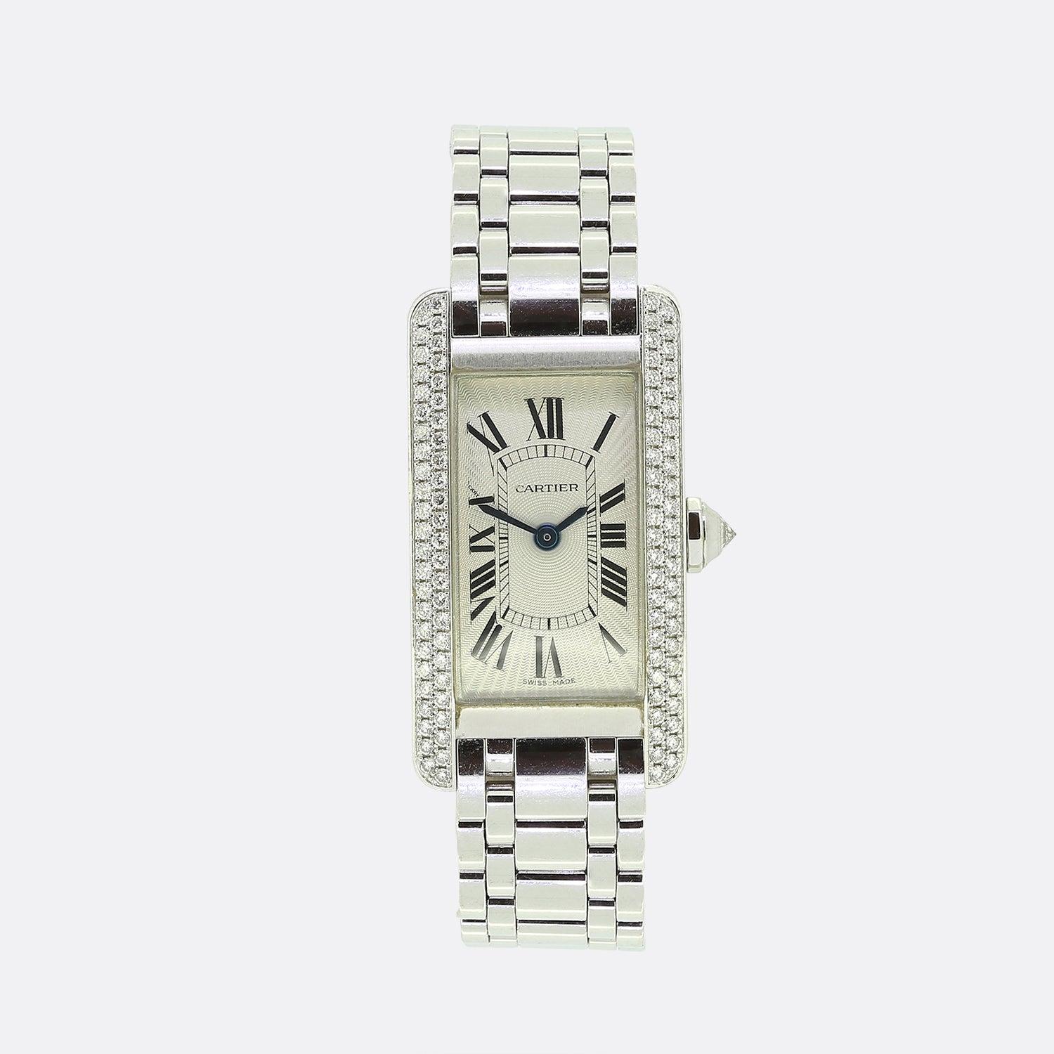 Here we have a beautiful ladies timepiece from the world renowned jewellery house of Cartier. The Cartier Tank has been an icon for over 100 years with its rectangular shaped case; in this respect crafted from 18ct white gold. The plain off white