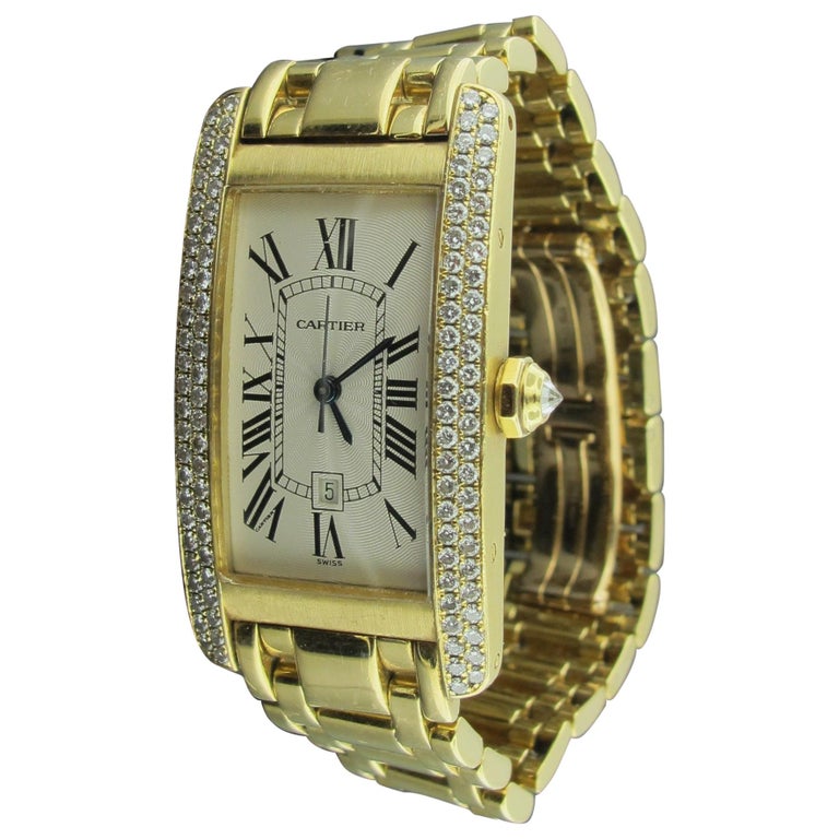 Cartier "Tank Americaine" Ladies 18 Karat Yellow Gold and Diamond Watch For Sale