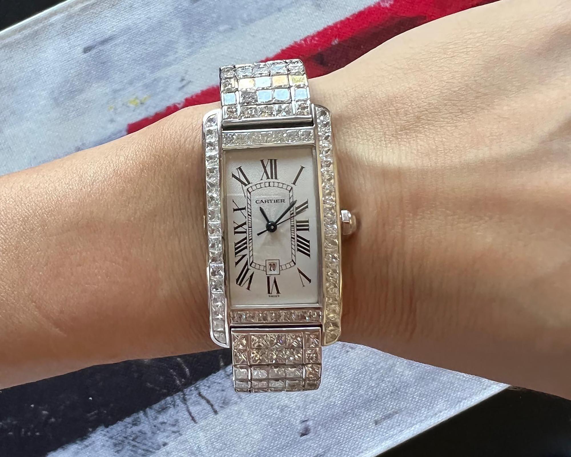 Cartier 'Tank Americaine' Ladies' Diamond Wristwatch In Excellent Condition For Sale In New York, NY