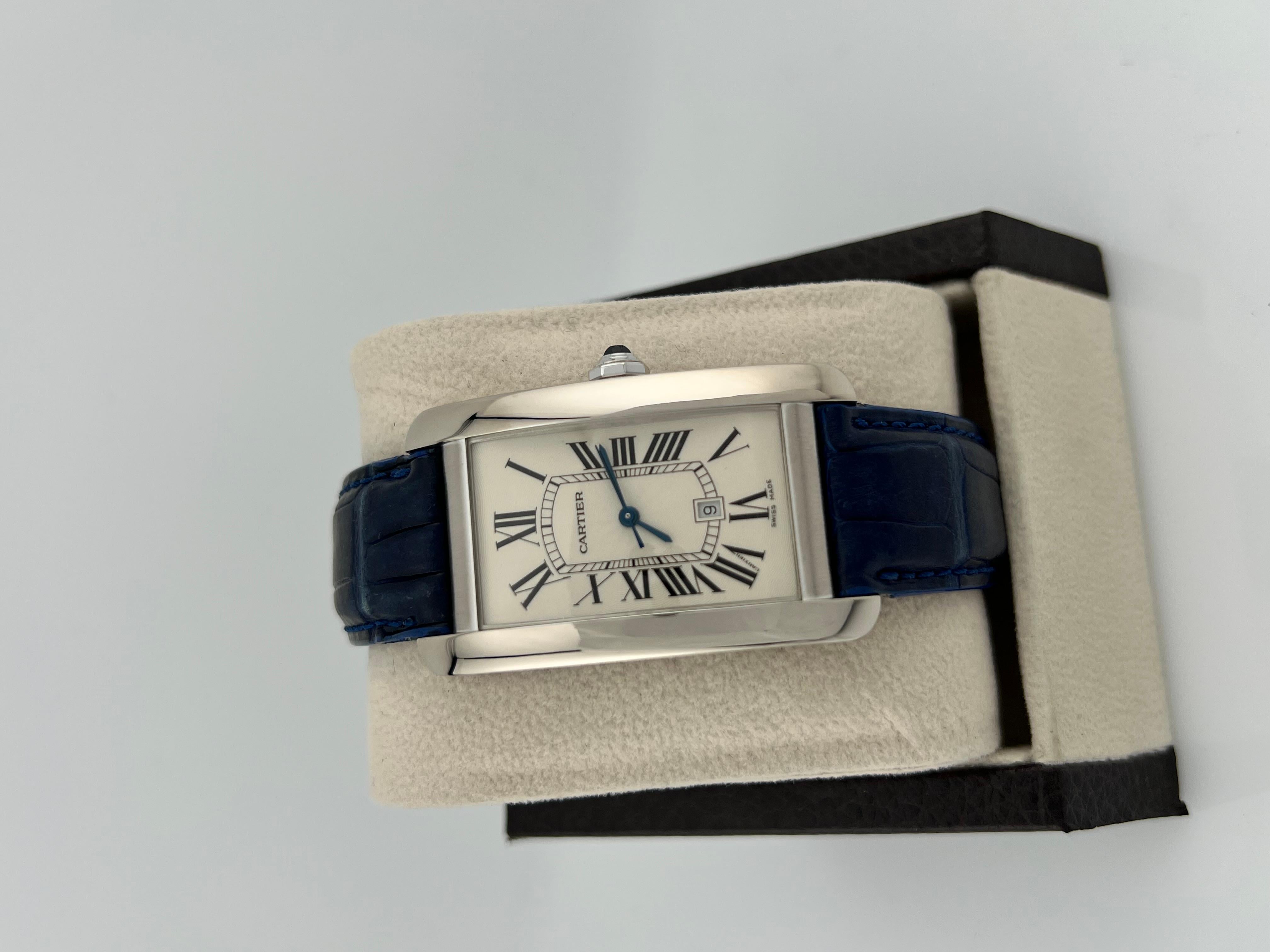 Cartier Tank Americaine Large 1741 18K Weißgold Lederarmband im Zustand „Hervorragend“ in San Diego, CA