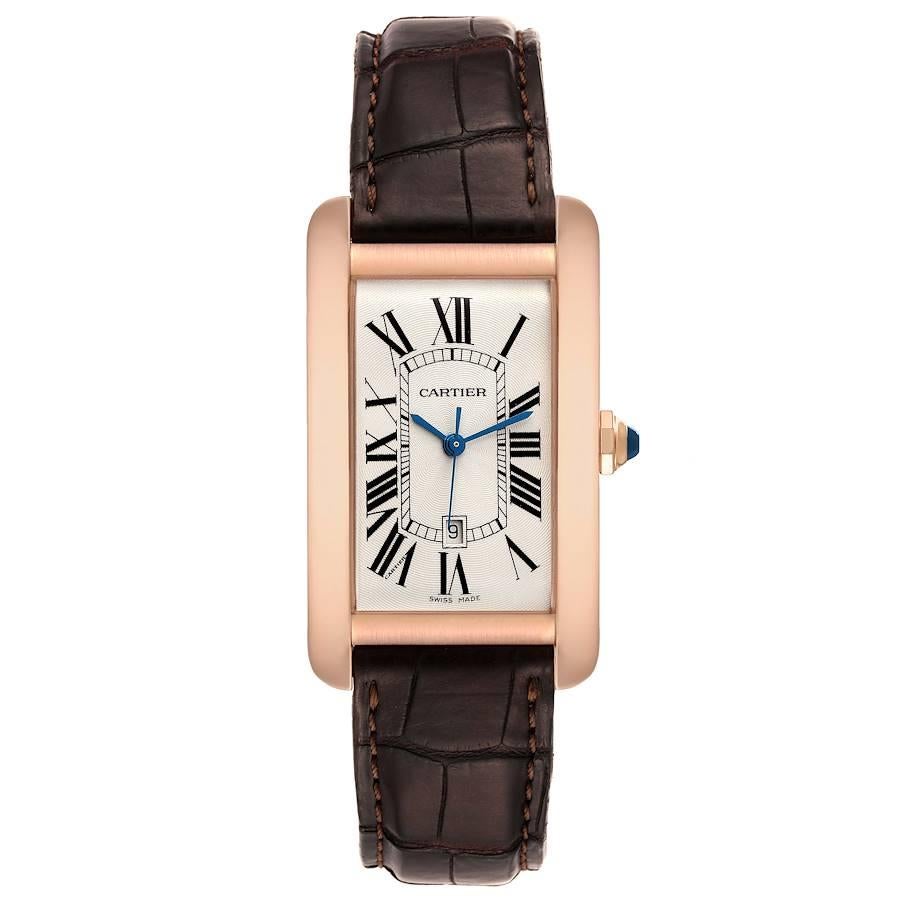 Cartier Tank Americaine Large 18K Rose Gold Brown Strap Watch W2609156. Automatic movement. 18K rose gold case 26.6 x 45.1 mm. Circular grained crown set with faceted blue sapphire. . Scratch resistant sapphire crystal. Silvered guilloche dial with