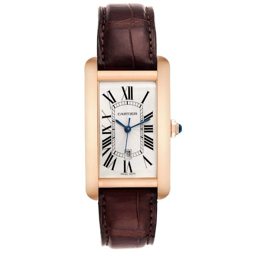 Cartier Tank Americaine Large 18K Rose Gold Brown Strap Watch W2609156. Automatic self-winding movement. 18K rose gold case 26.6 x 45.1 mm. Circular grained crown set with faceted blue sapphire. . Scratch resistant sapphire crystal. Silvered
