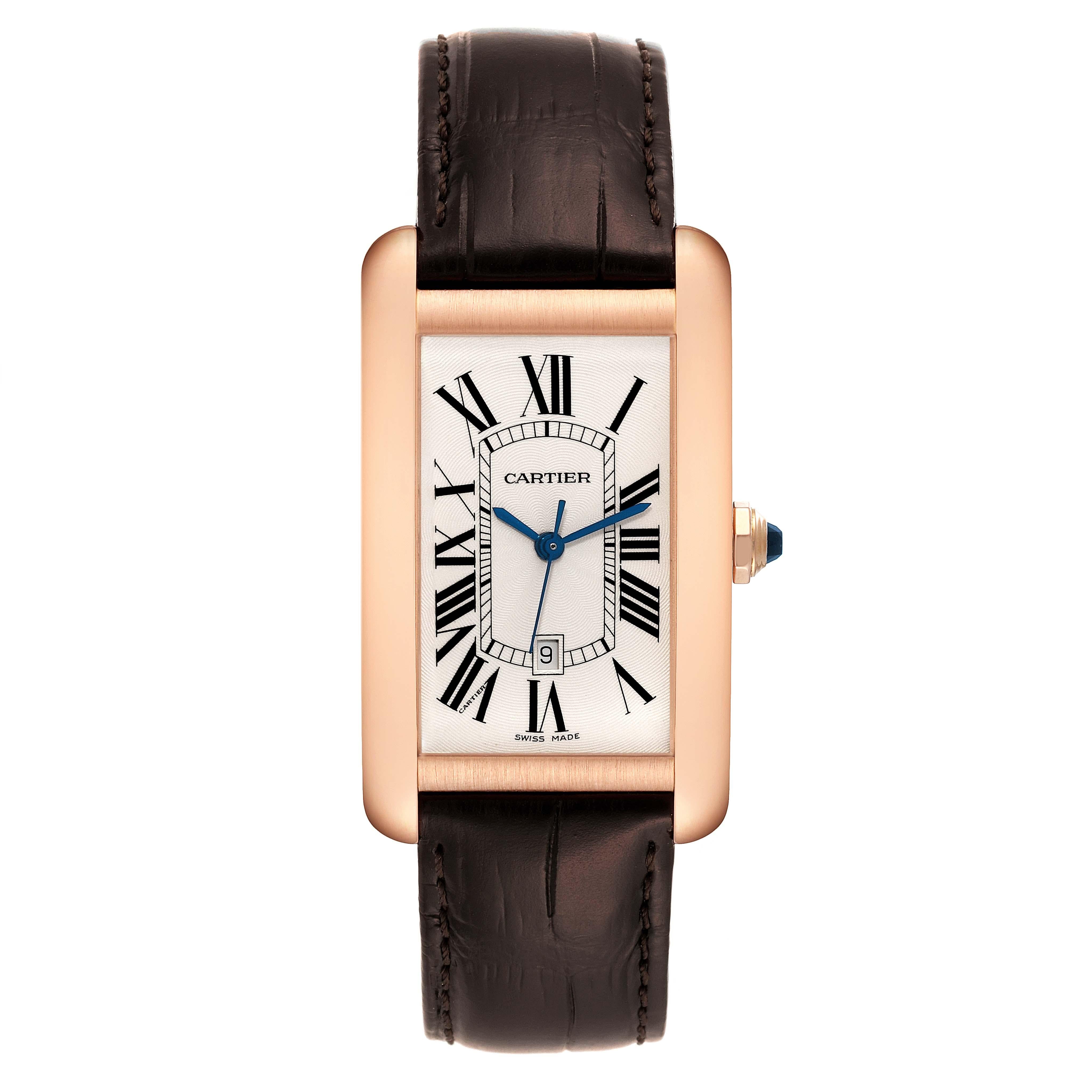 Cartier Tank Americaine Large 18K Rose Gold Mens Watch W2609156. Automatic self-winding movement. 18K rose gold case 26.6 x 45.1 mm. Circular grained crown set with faceted blue sapphire. . Mineral crystal. Silvered guiloche dial with black roman