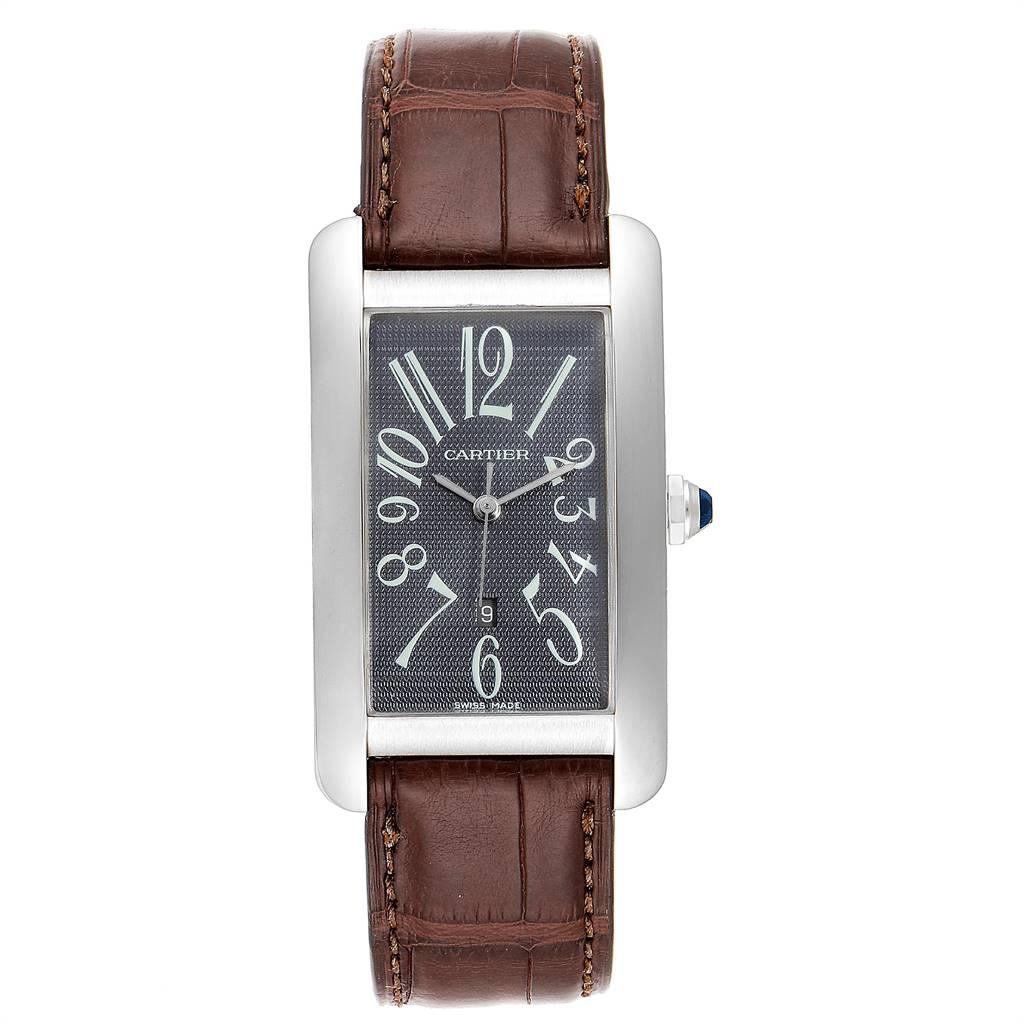 Cartier Tank Americaine Large White Gold Grey Dial Mens Watch W2605229. Automatic self-winding movement. 18K white gold case 26.6 x 45.1 mm. Circular grained crown set with faceted blue sapphire. Scratch resistant sapphire crystal. Grey guiloche