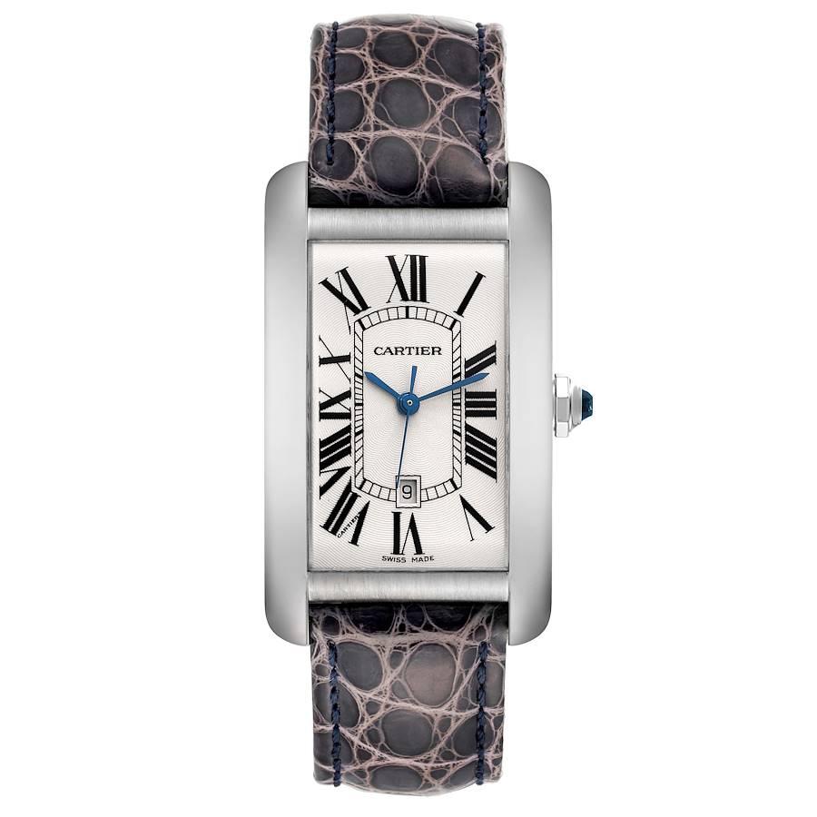 Cartier Tank Americaine Large White Gold Mens Watch W2603256 Box Card. Automatic self-winding movement. 18K white gold case 26.6 x 45.1 mm. Circular grained crown set with faceted blue spinel. . Scratch resistant sapphire crystal. Silvered guilloche