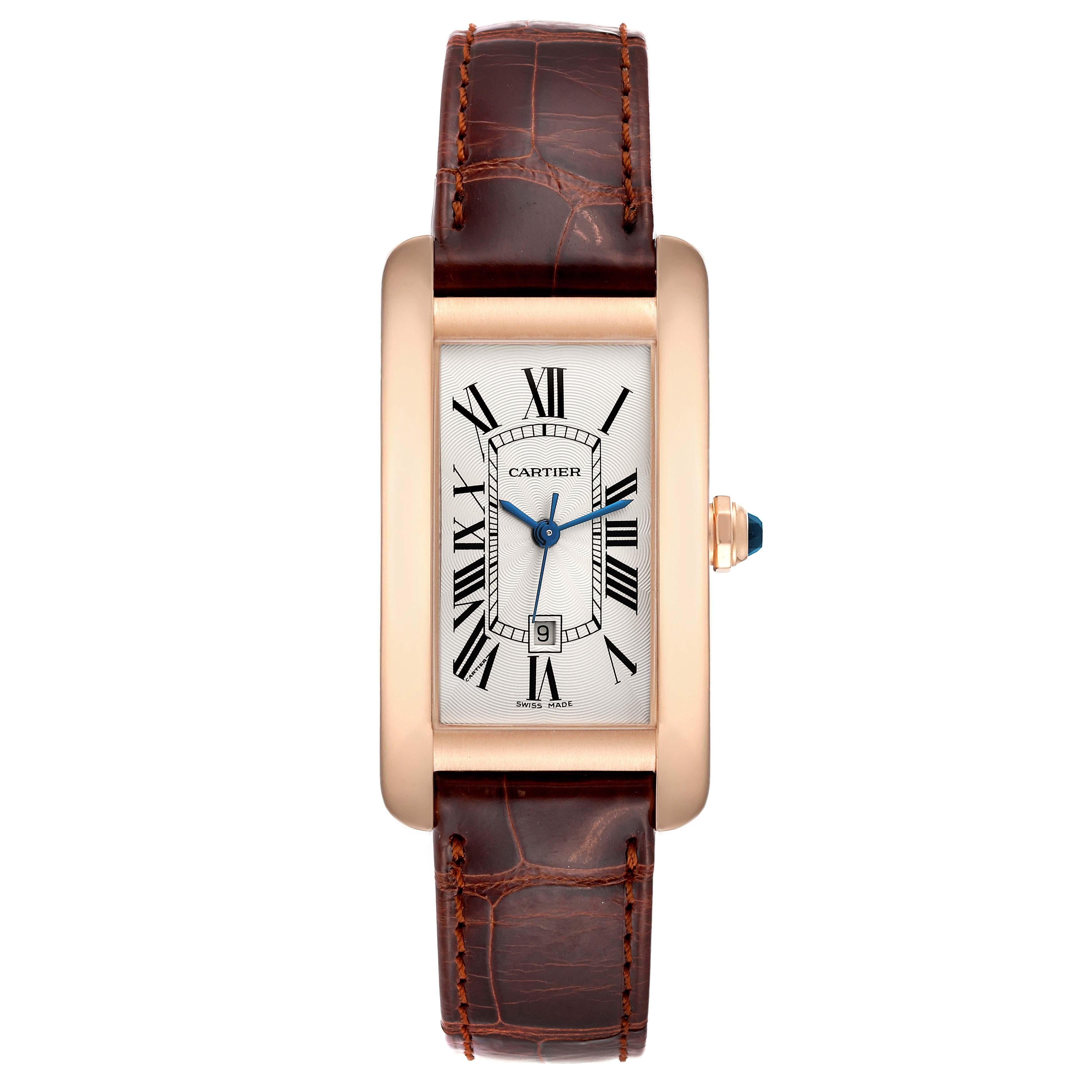 Cartier Tank Americaine Midsize Rose Gold Ladies Watch W2620030 Box Papers. Automatic self-winding movement. 18K rose gold case 23.0 x 42.0 mm. Octagonal crown set with a blue faceted sapphire. . Scratch resistant sapphire crystal. Silvered