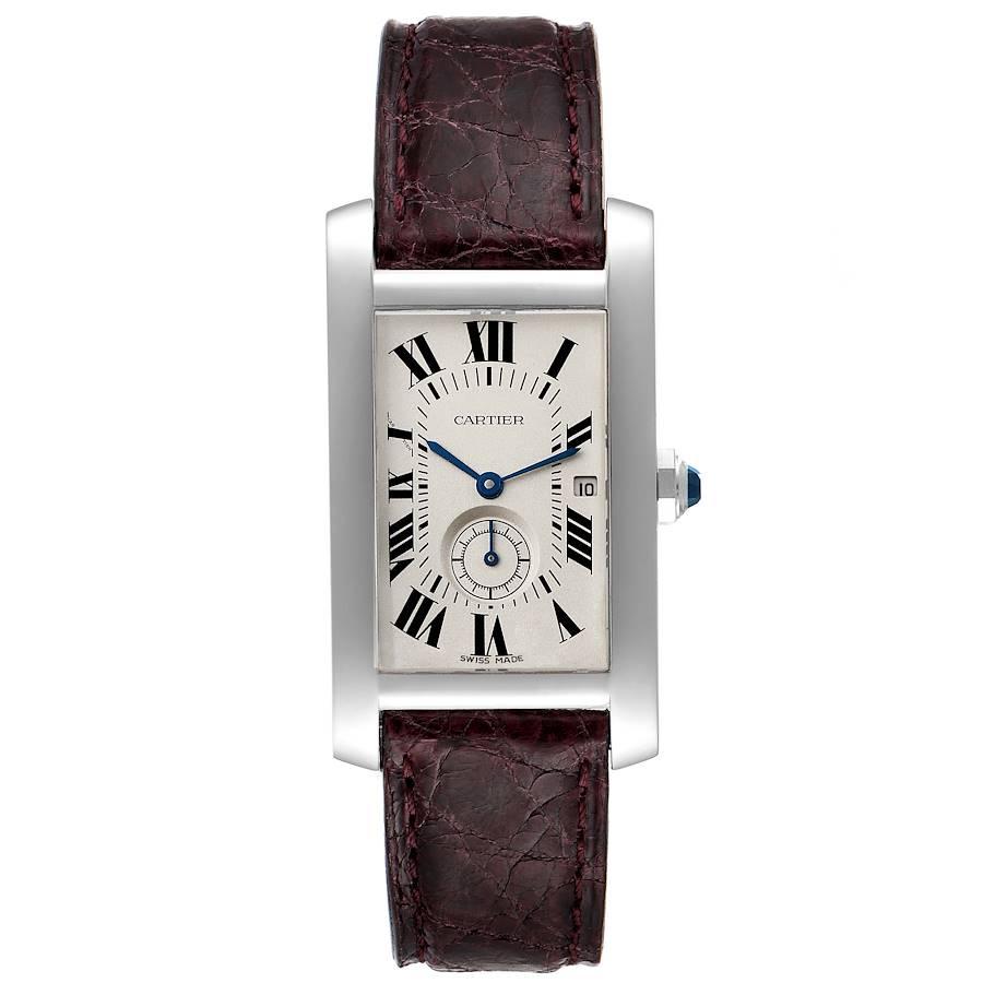 Cartier Tank Americaine Midsize White Gold Ladies Watch 3012905. Quartz movement. 18K white gold case 31.0 x 24.0 mm. Circular grained crown set with blue faceted sapphire. . Scratch resistant sapphire crystal. Silver grained dial with black roman
