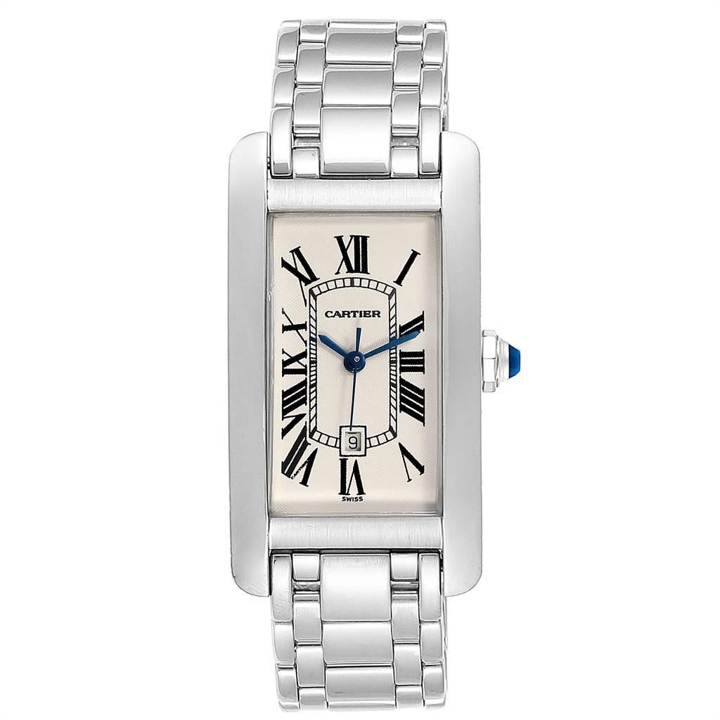 Cartier Tank Americaine Midsize Yellow Gold Automatic Ladies Watch 1726. Automatic self-winding movement. 18K white gold case 23.0 x 42.0 mm. Circular grained crown set with blue faceted sapphire. Scratch resistant sapphire crystal. Silvered