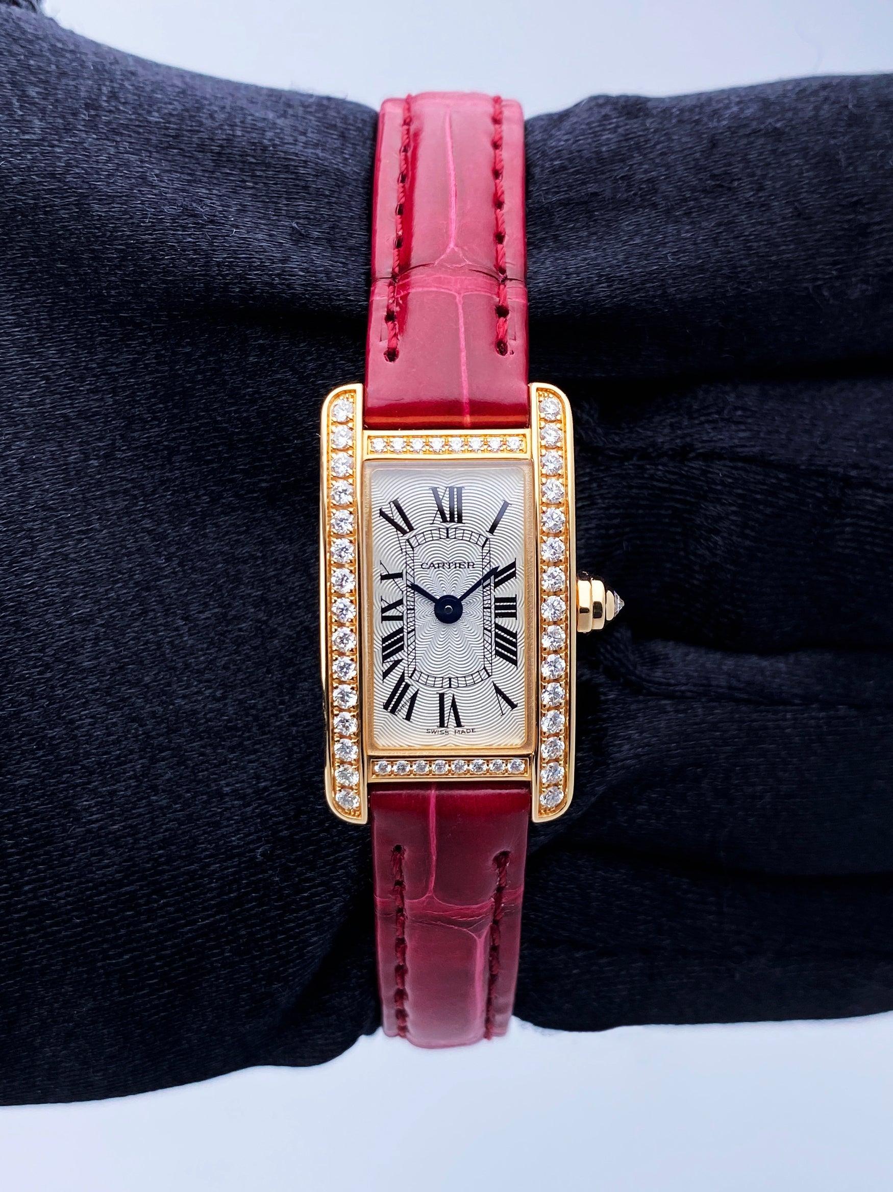 Cartier Tank Americaine WJTA0026 Ladies Watch. 15.2mm 18K rose gold case. 18K rose gold stationary bezel with original factory diamonds set. Mini model. White dial with blue steel hands and roman numeral hour markers. Minute markers on the inner