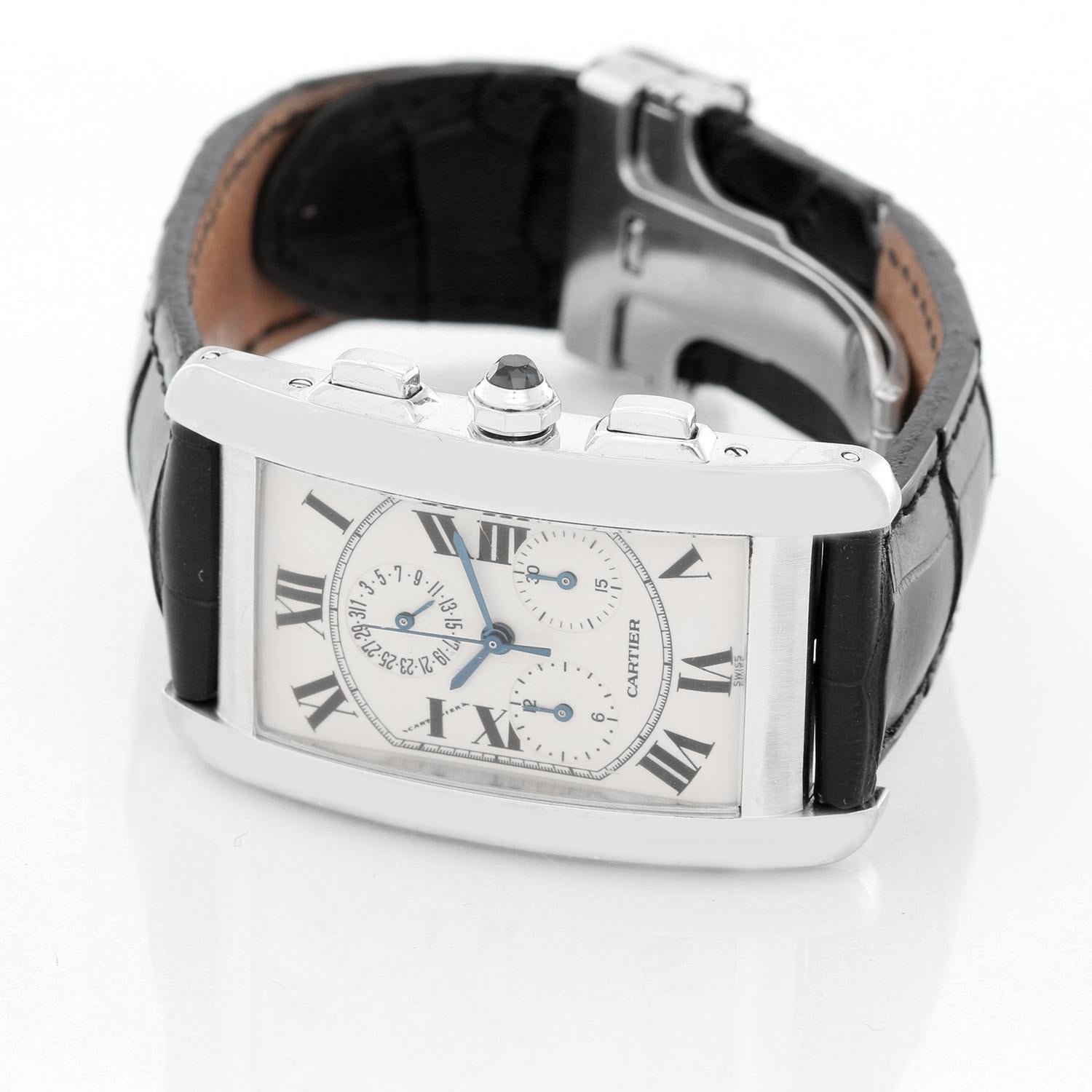 Cartier Tank Americaine (or American) Chronograph Men's Watch W2603356 -  Quartz chronograph with date. 18k white gold rectangular style case (26mm x 45mm). Ivory colored dial with black Roman numerals; date; hour minutes and seconds recorders.