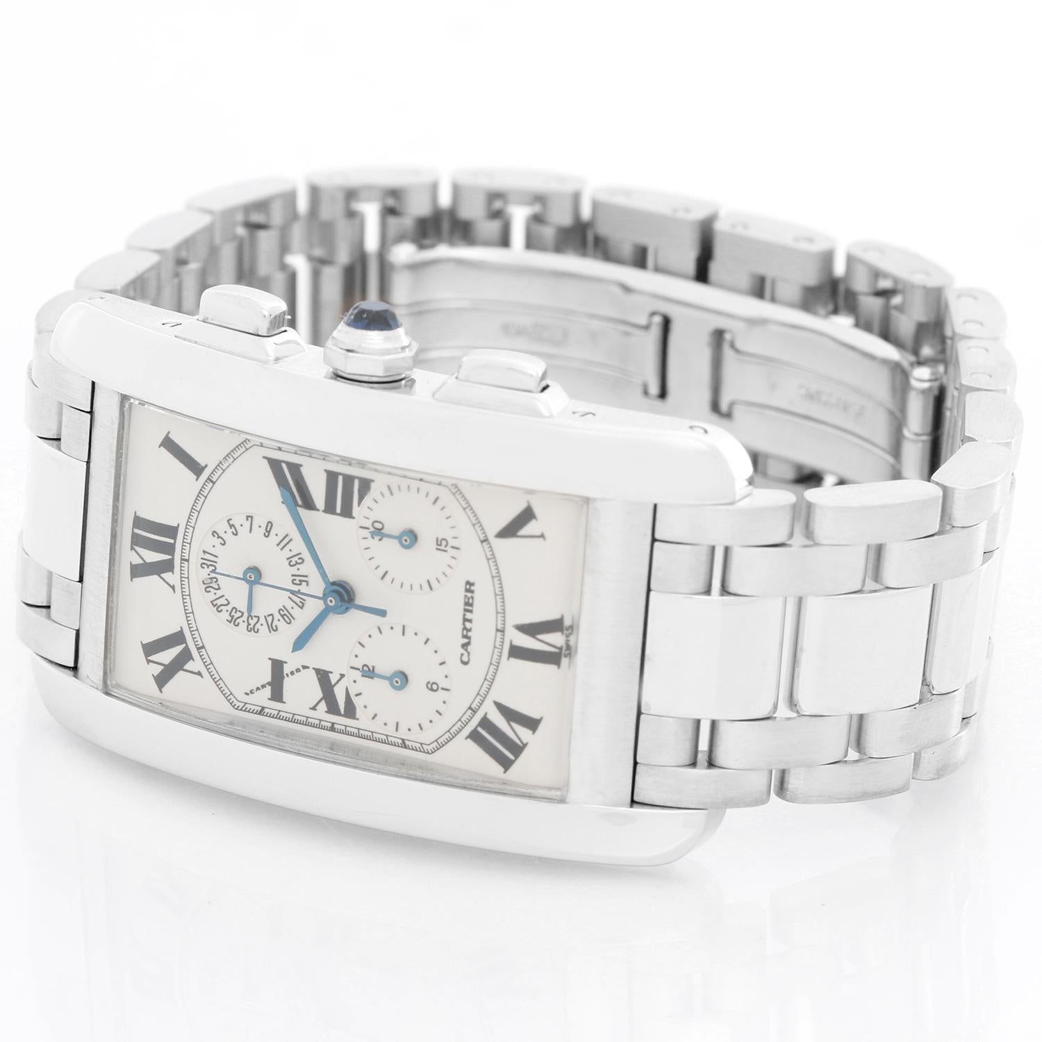 Cartier Tank Americaine (or American) Chronograph Men's Watch W2603356 - Quartz chronograph with date. 18k white gold rectangular style case (26mm x 45mm). Ivory colored dial with black Roman numerals; date; hour minutes and seconds recorders. White