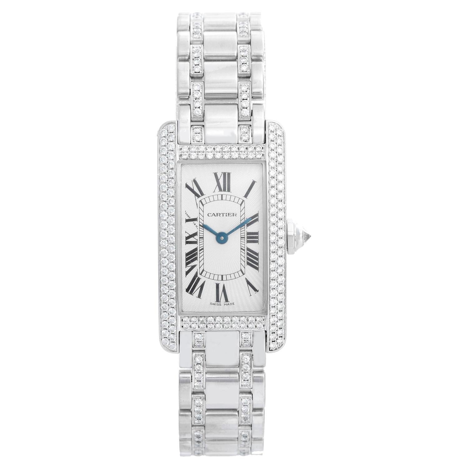 Cartier Tank Americaine 'or American' Ladies White Gold Diamond Watch WB7018L1