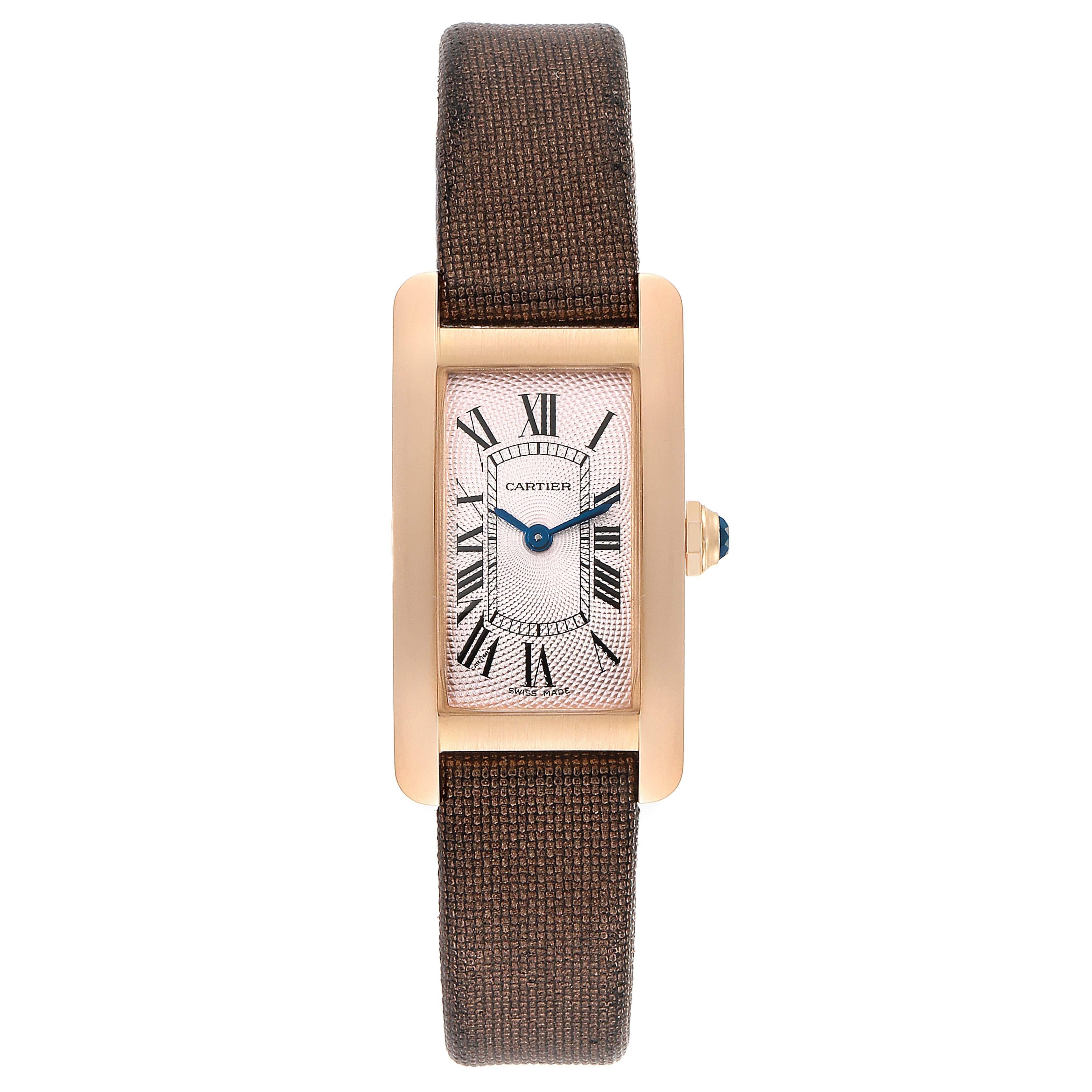 Cartier Tank Americaine Rose Gold Small Ladies Watch 2503. Quartz movement. 18K Rose gold case 19.0 x 28.0 mm. Circular grained crown set with faceted blue sapphire. . Scratch resistant sapphire crystal. Pink textured dial with roman numerals. Sword