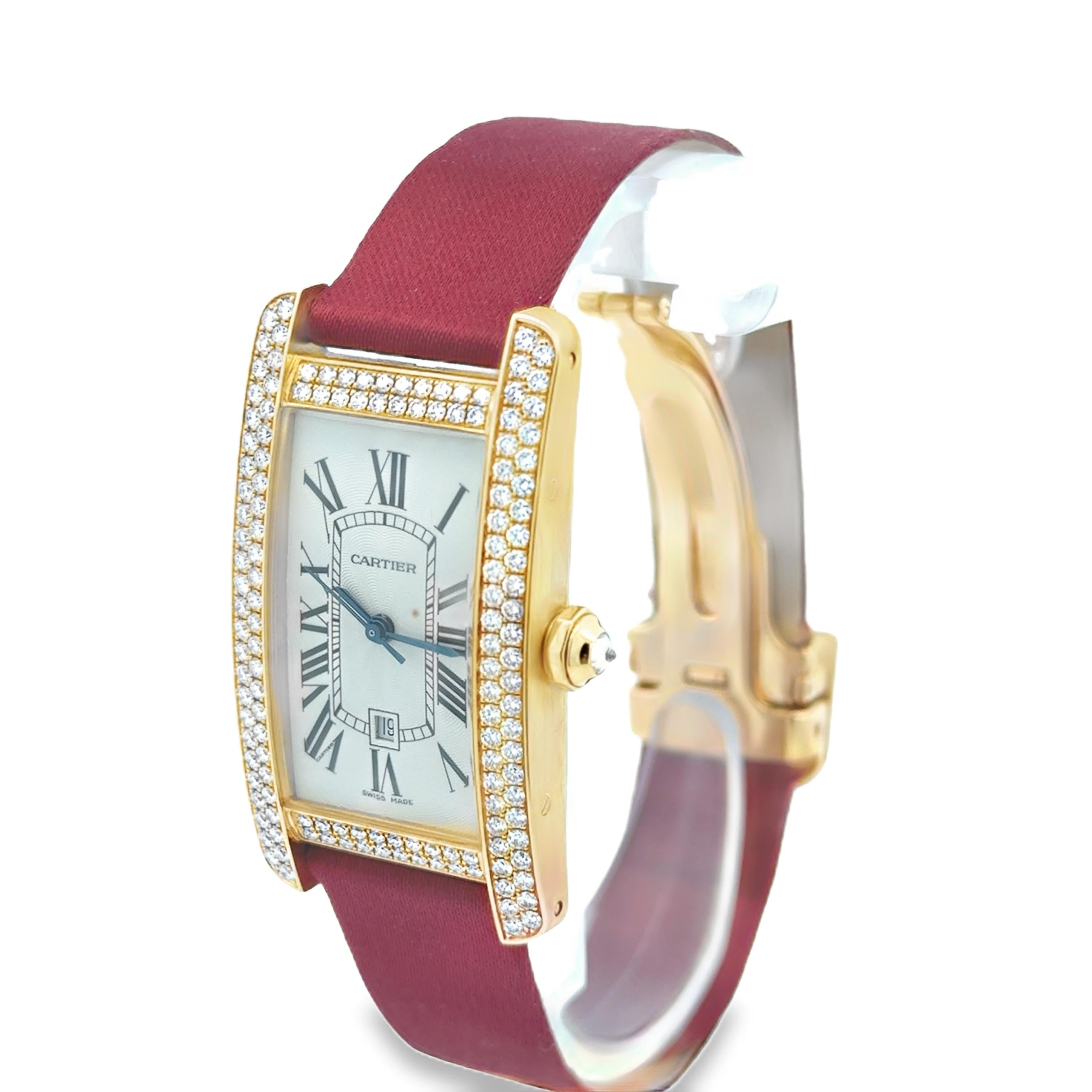 A timeless ladies' watch created by Cartier from its iconic Tank Americaine collection, featuring the classic rectangular dial with Roman numeral hours surrounded by two rows of round brilliant cut diamonds, set beautifully on a pavé setting.