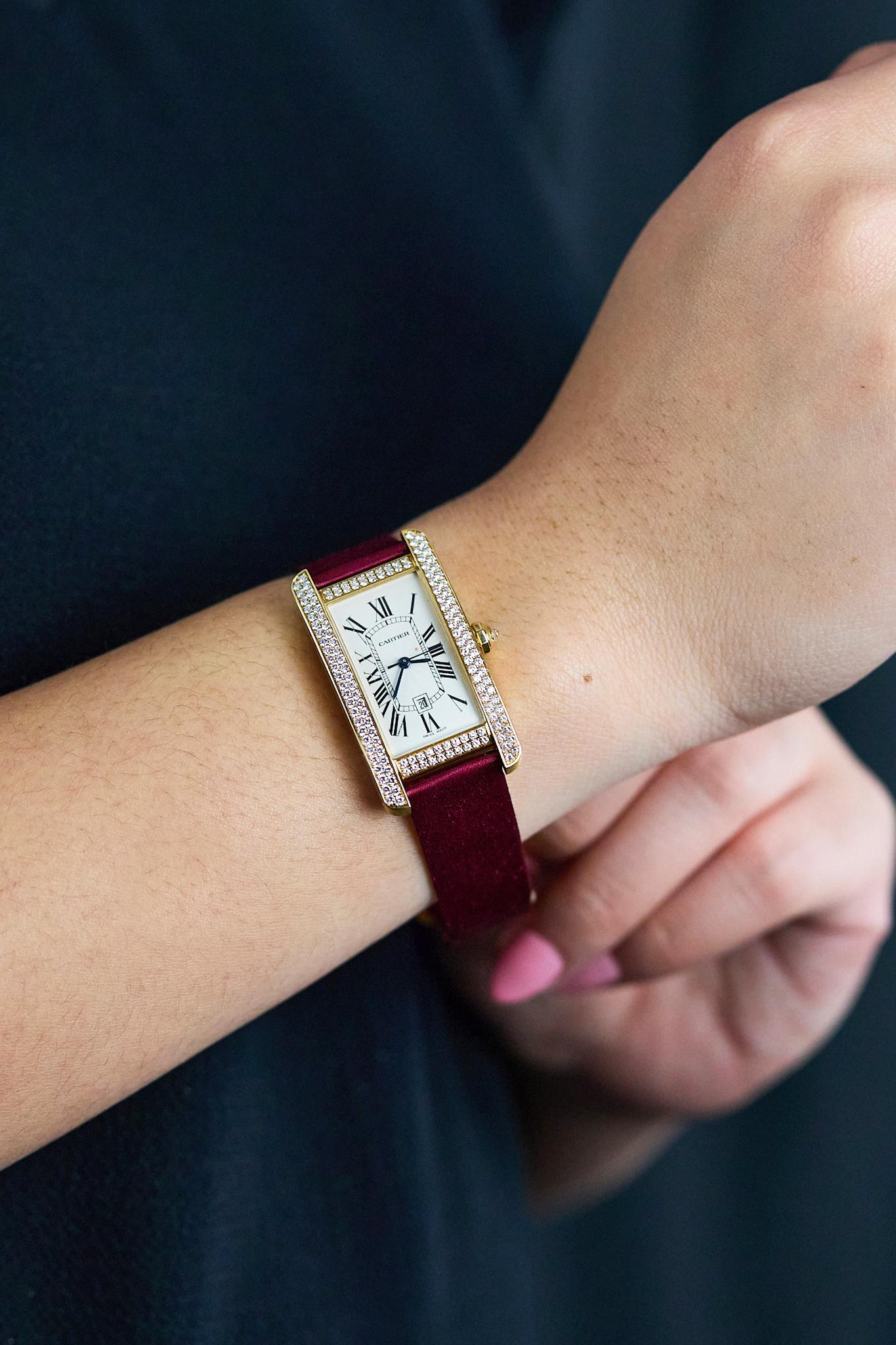 Women's Cartier Tank Americaine Round Cut Diamond Ladies' Watch in Yellow Gold For Sale
