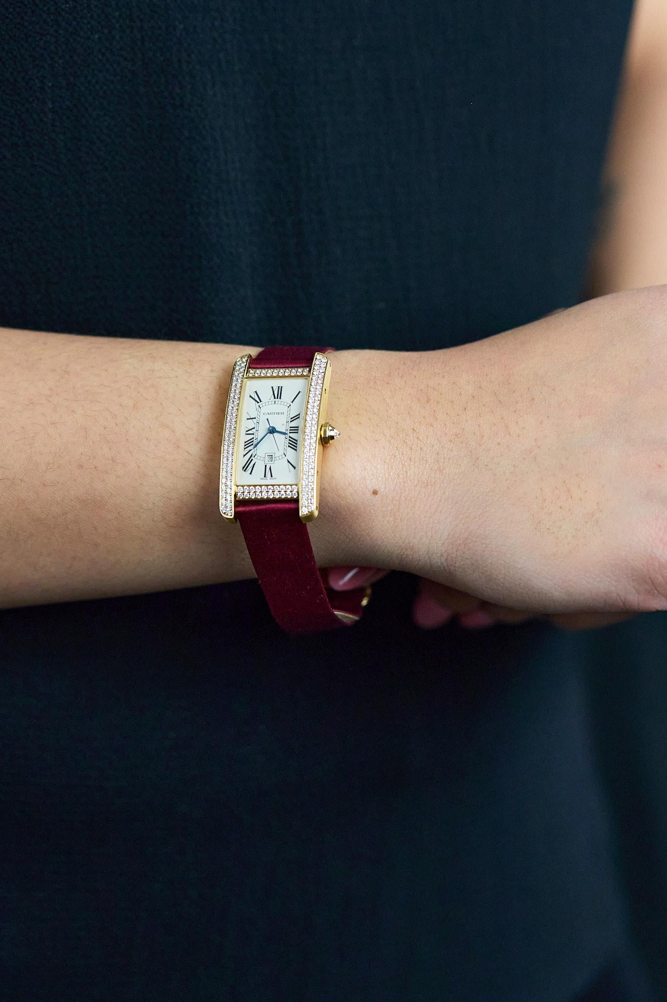 Cartier Tank Americaine Round Cut Diamond Ladies' Watch in Yellow Gold For Sale 1