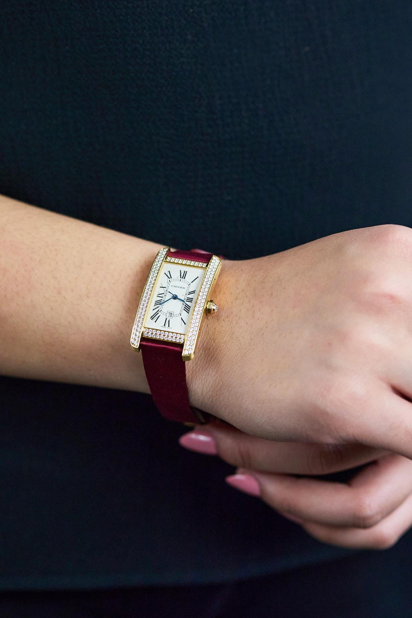 Cartier Tank Americaine Round Cut Diamond Ladies' Watch in Yellow Gold For Sale 2