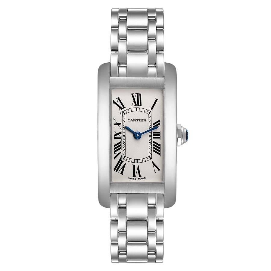Cartier Tank Americaine Silver Dial 18K White Gold Ladies Watch W008067. Quartz movement. 18K white gold case 19.0 x 35.0 mm. Circular grained crown set with faceted blue sapphire. . Scratch resistant sapphire crystal. Silver dial with printed roman